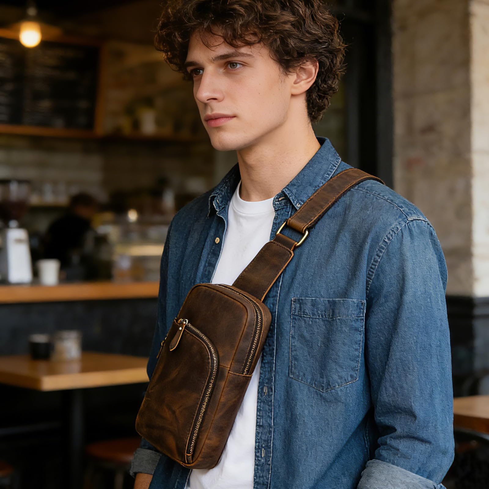Leder-Umhängetasche für Herren, lässig, Reisen, Wandern, Umhängetasche, Rig One Schultergurt