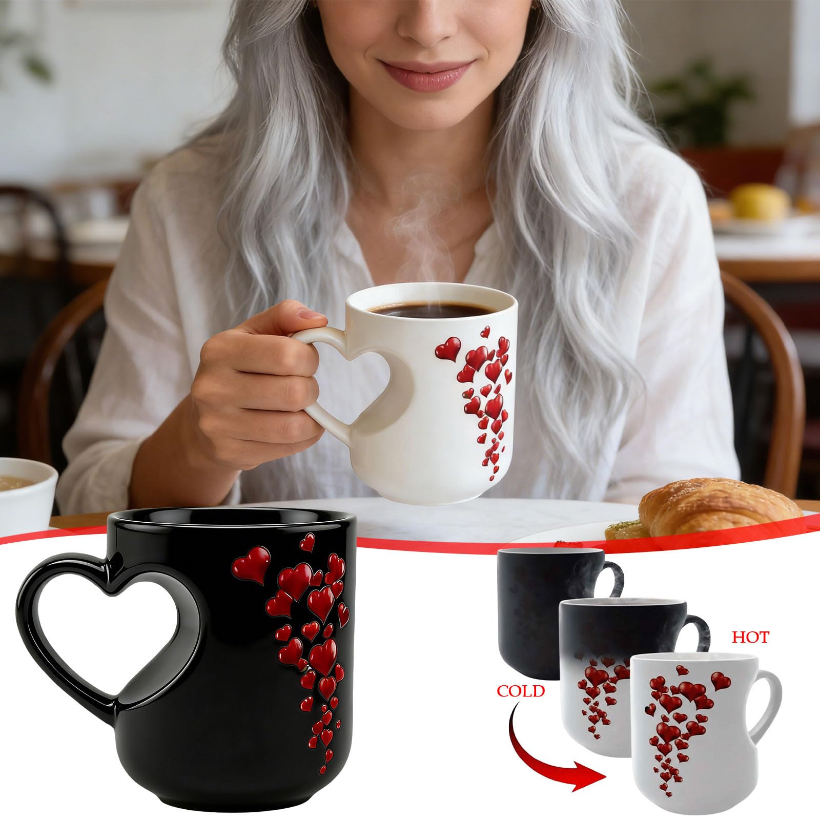Magiczny kubek ceramiczny w kształcie serca zmieniający kolor zabawny zmieniający kolor kubek do kawy z uchwytem w kształcie serca, termochromowy magiczny wzór ujawnienia, prezent na Walentynki, Dzień