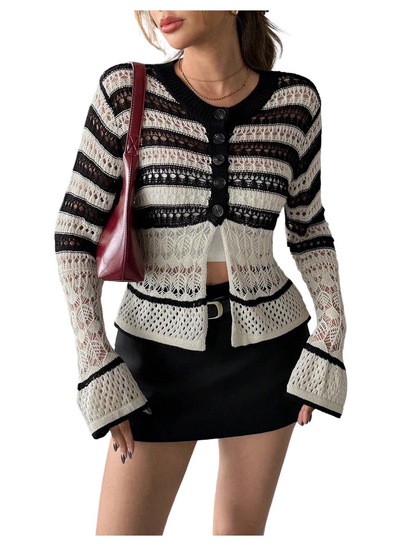 MakeMeChic Womens Striped Crochet Cardigan Button Up Bell Sleeve Hollow Out Lightweight Sweaters