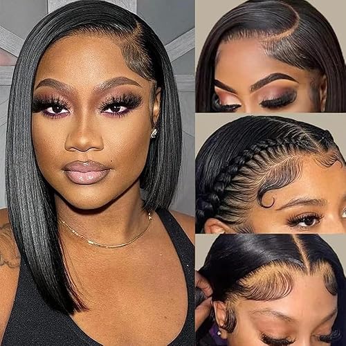 Bob Wig Human Hair 13x4 Lace Front Wigs Human Hair 200% Density HD Transparent Short Straight Frontal Wigs for Women Bob Lace Front Wigs Human Hair Pre Plucked Natural Black 10 Inch
