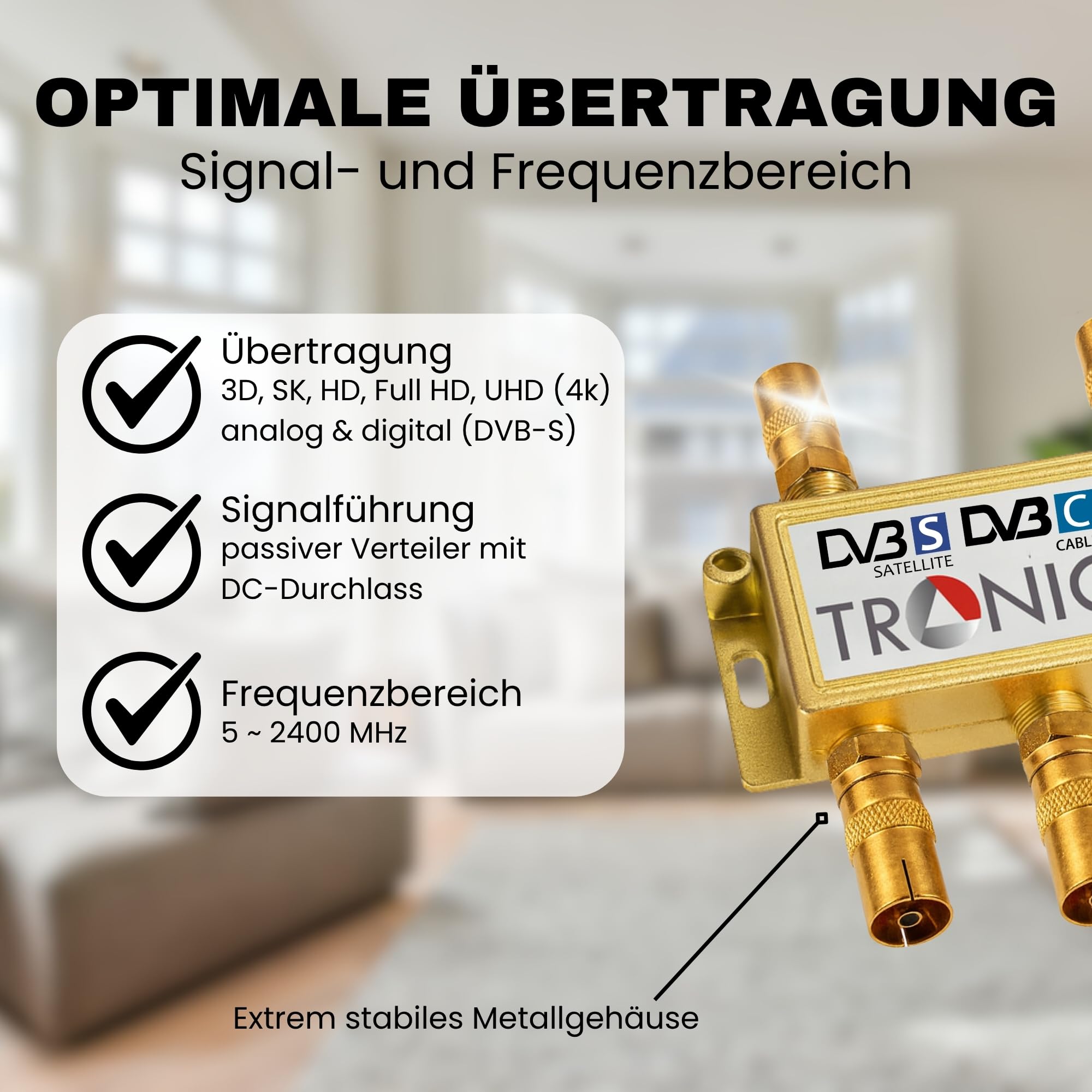 Répartiteur D'Antenne Coaxial 4 Voies TronicXL - HD 3D 4K Pour TV Câble Et SAT