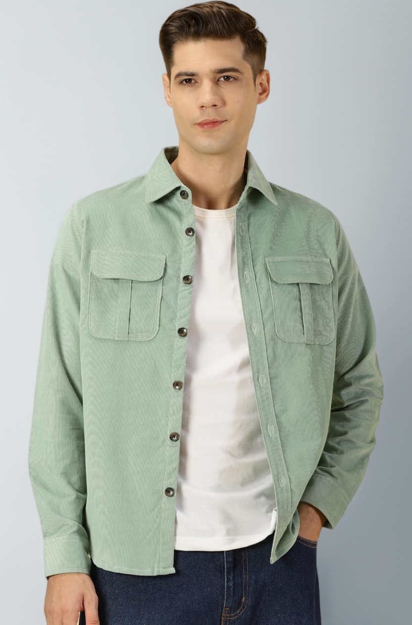 Men's Cotton Slim Fit Premium Corduroy Long Sleeve | Double Pocket | Spread Collar |Casual Shirt