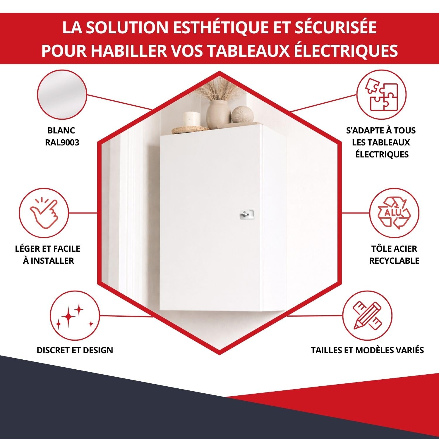 Coffret d'habillage avec serrure à clé pour tableaux électriques en acier blanc - H 920 x L 340 x P 140 mm - Ref. RCH400GSS -Marque ATOLE