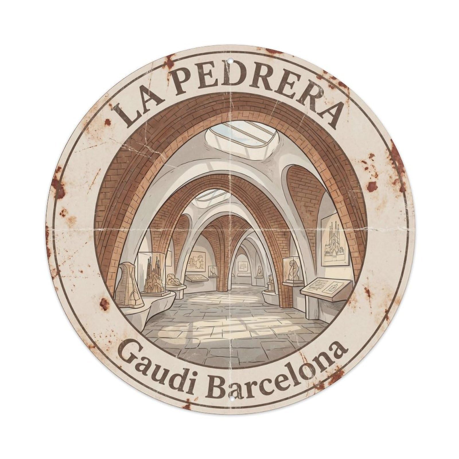 Barcelona Stone Arch Modernist Landmark Vintage Spain Travel Metal Tin Sign Plaque Wall Decor for Cafe, Man Cave, Club Bar, Office, Home Garden Round Metal Poster 8x8Inch