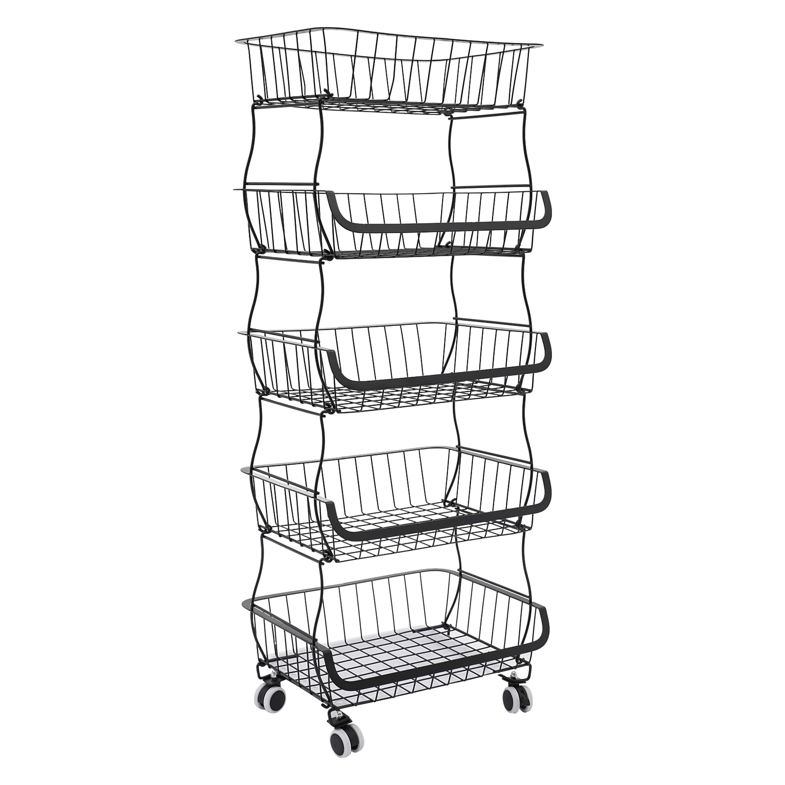 Czarny kosz na owoce, wózek kuchenny z rolkami, hamulec, tacka ociekowa, 5-poziomowy, 41 x 29 x 112 cm, stalowy wózek na warzywa, zdejmowany kosz do przechowywania, kosz druciany, kosz na warzywa