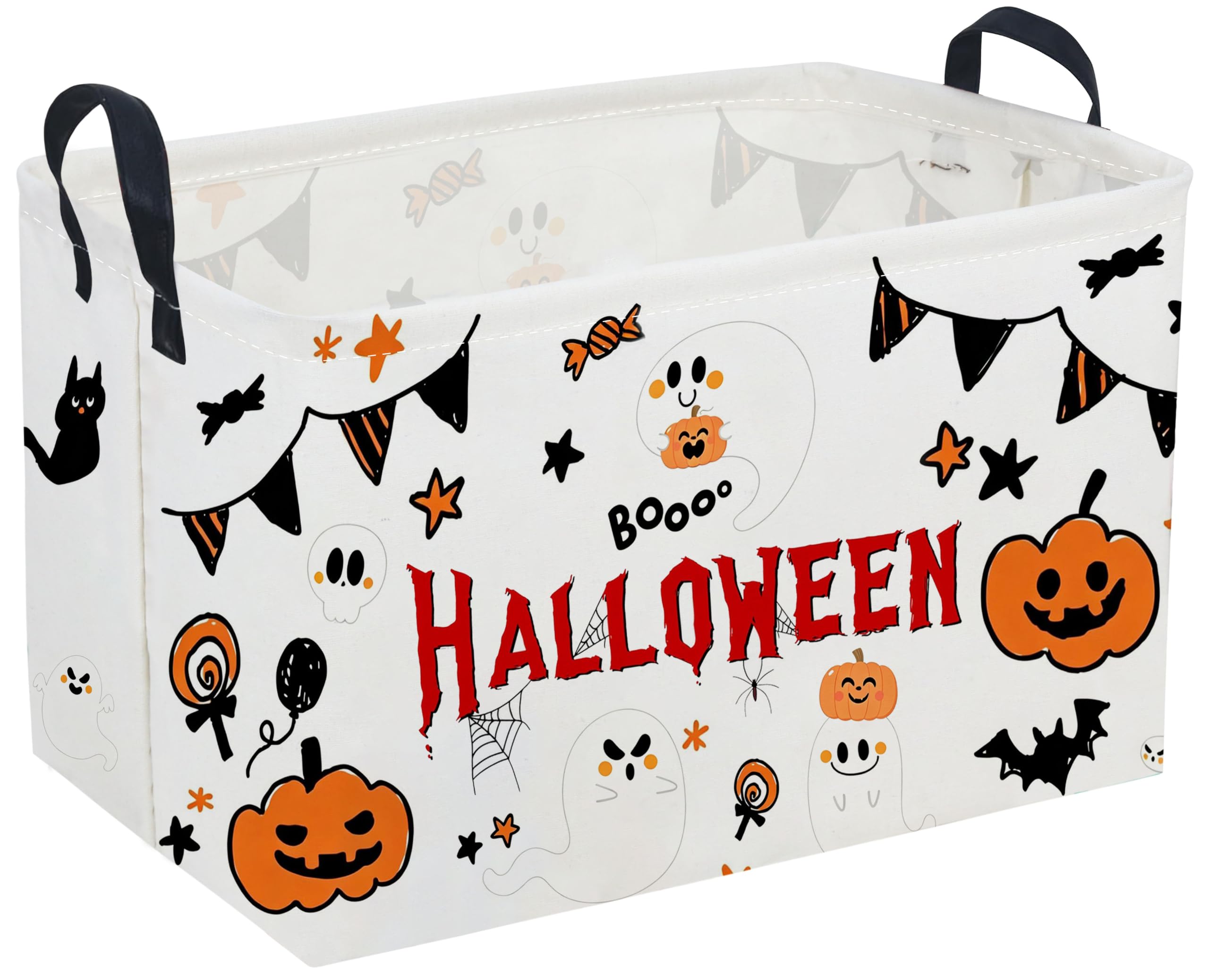 Sanjiaofeng Rectangular Halloween Ghost Storage Basket,Halloween Basket.Cute Baskets for Room Decor, Pumpkin Baskets with Handles.Books Bins,Gifts Box(White Ghost)