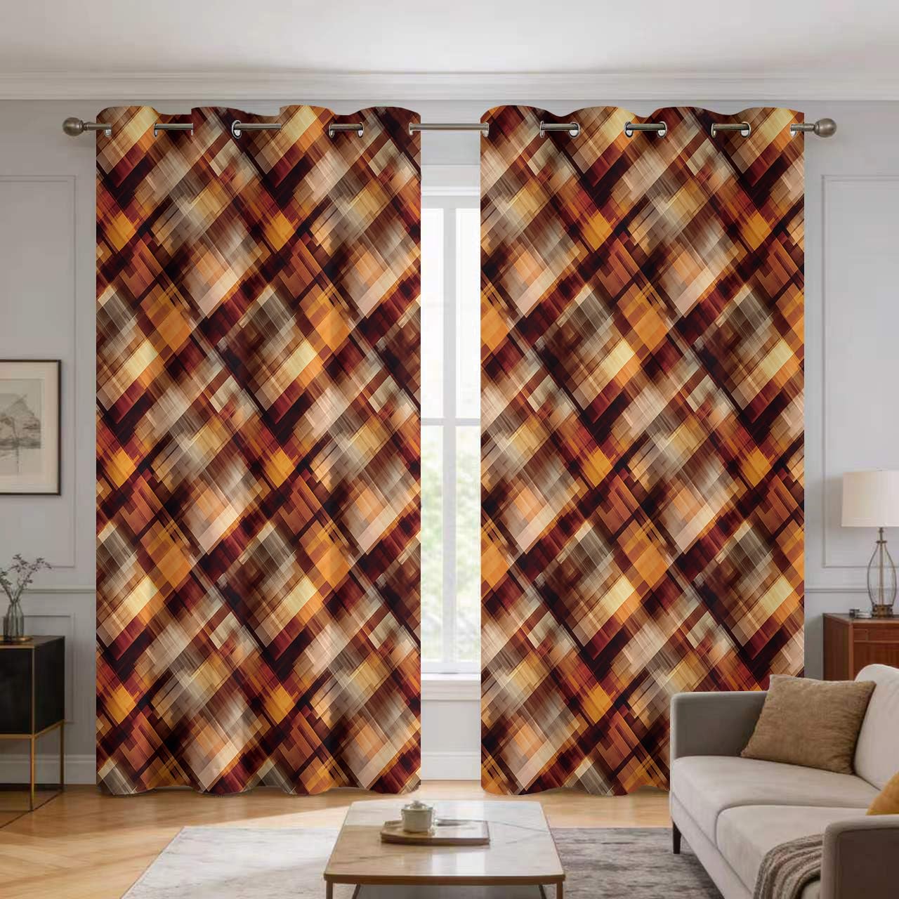 Generisch Tartan Karo Vorhänge mit Ösen, 2 Stück H 166 x B 75 | Blackout Curtains, Glencheck Geometrisches Gitter Motiv, Thermo Blickdichte Gardinen, Schlafzimmer Wohnzimmer Deko E&7144
