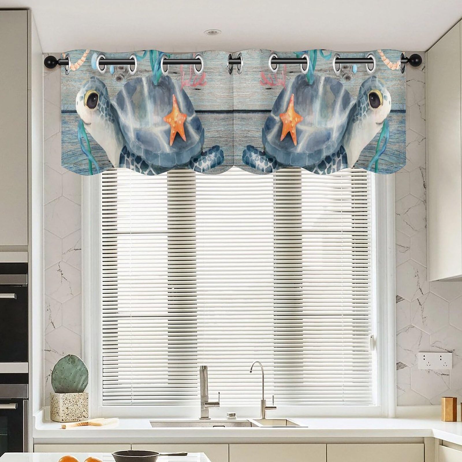 Rideaux courts motif tortue de mer, lot de 2 rideaux rétro de 132x45,7 cm pour petite fenêtre