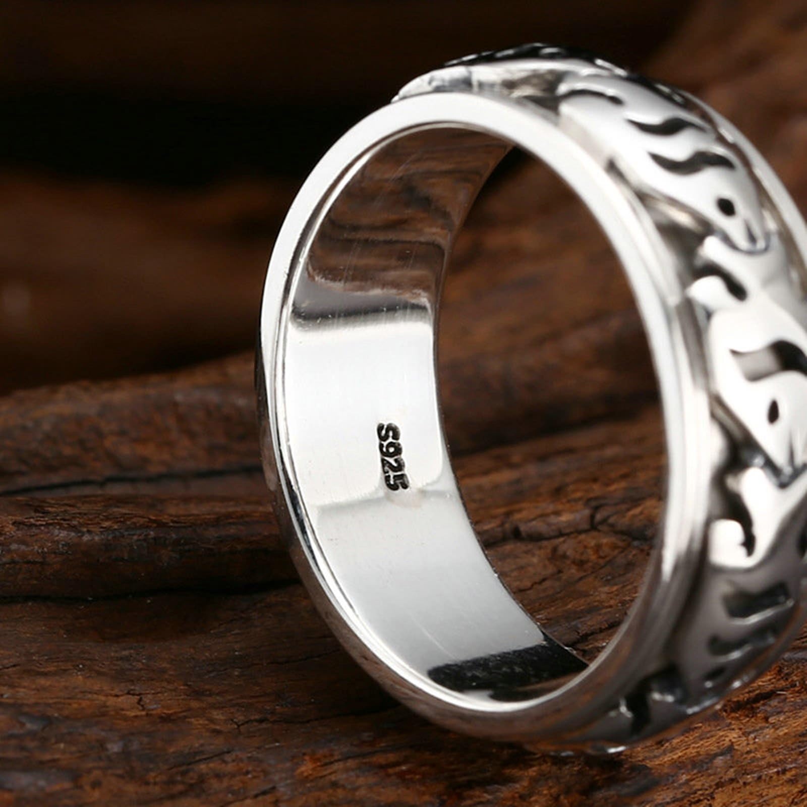 Anillo de compromiso de plata de ley 925 genuina para hombre, 7 mm, pescado, punk rock