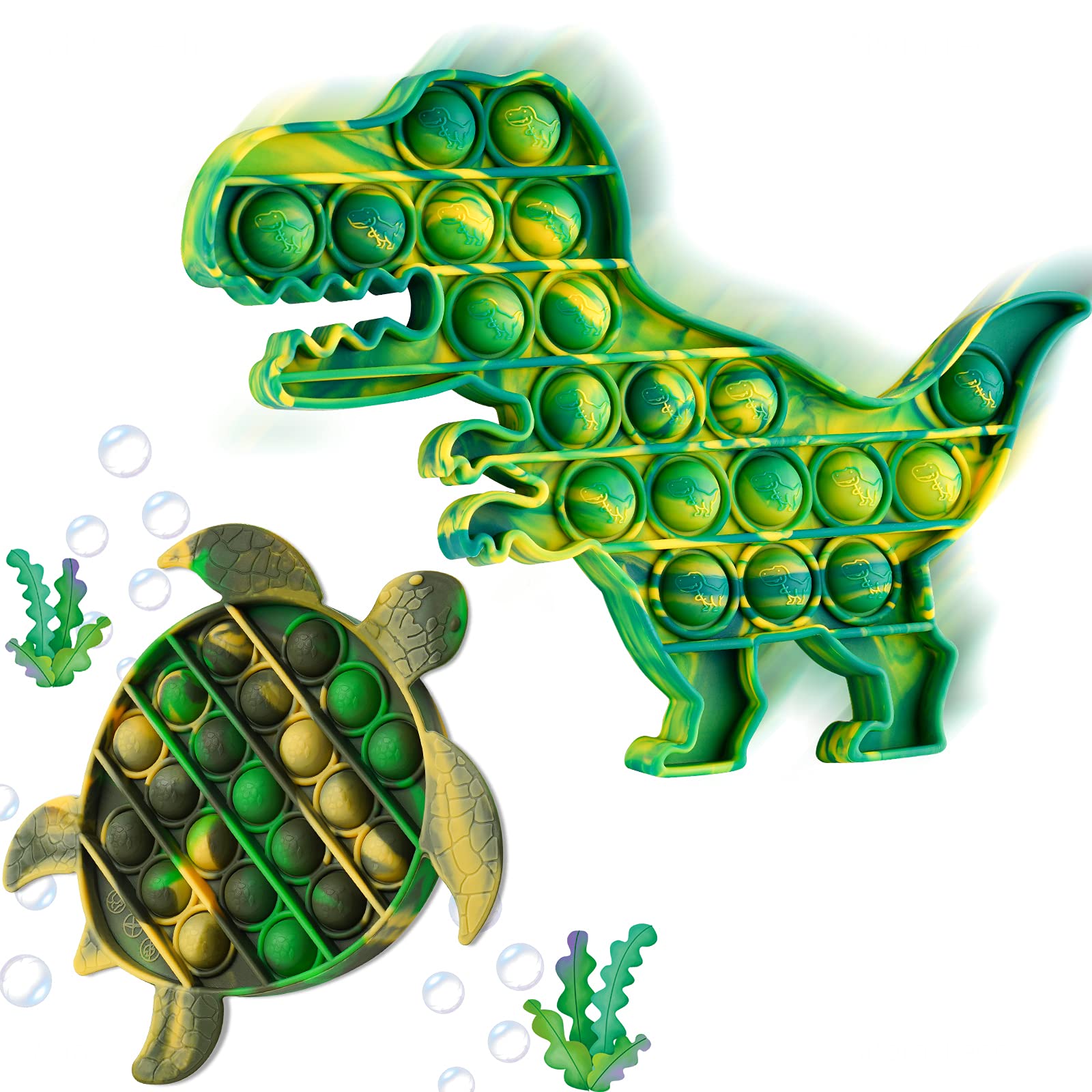 2PCS Silicone Push Pop Bubble Fidget Sensory Toys Camo Animal Stress Reducer Anxiety Relief Bubble Popper Fidget Toy Squeeze Hand Toy for Kids and Adults (Camouflage Color Sea Turtle & Dinosaur)