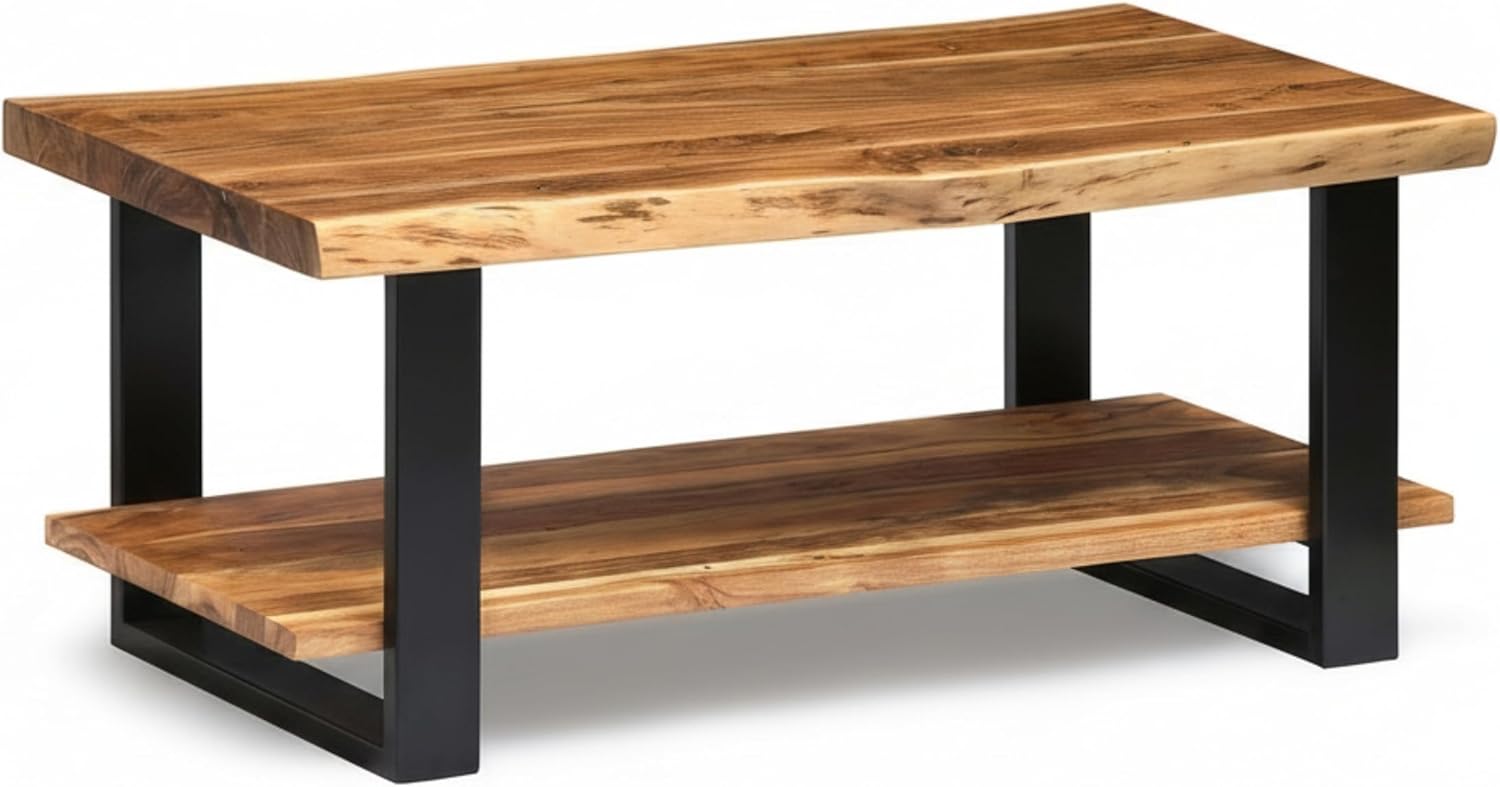 Alaterre Furniture Alpine 2-Tier Live Edge Coffee Table – 42" Solid Acacia Wood with Natural Finish, Lower Shelf Storage and Metal Frame – Rustic Industrial Style for Living Room or Home Office