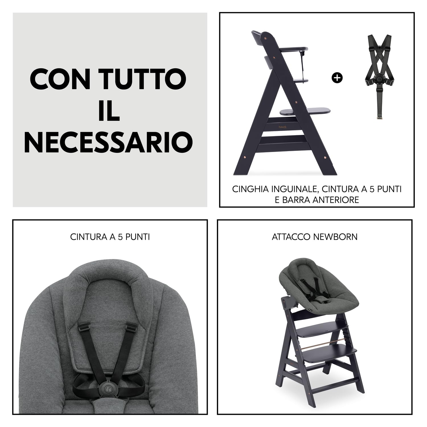 hauck Seggiolone Pappa in Legno Alpha Newborn Set Plus - Seggiolone Evolutivo Da 0 Mesi con Supporto Neonati Reclinabile - Sedia Evolutiva (Faggio Certificato FSC®), Regolabile - Grigio Scuro