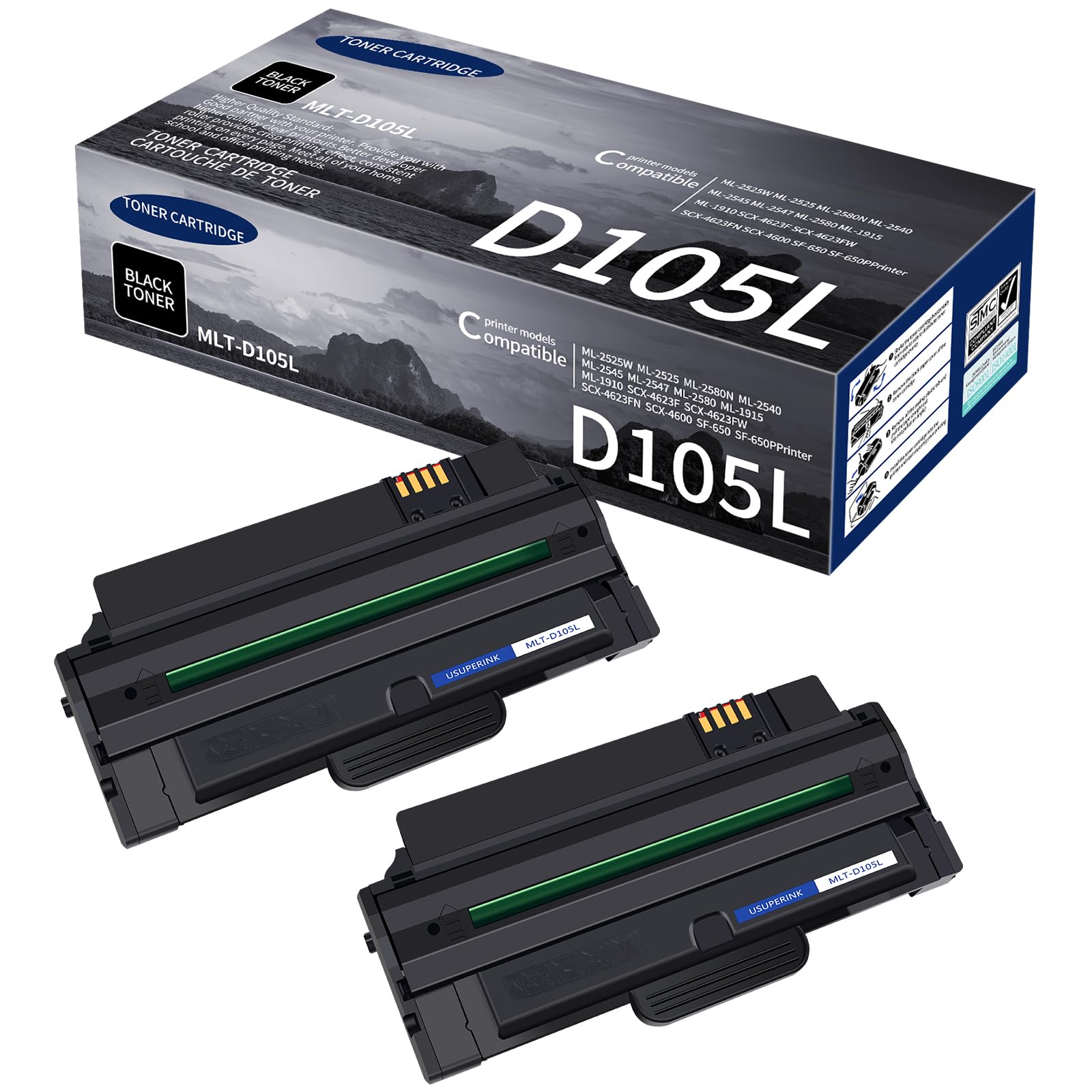 MLT-D105L D105L 2 Pack Black High Yield Toner Cartridge Replacement Compatible for Samsung MLTD105L for ML-2525 ML-2525W ML-2545 SCX-4623F SCX-4623FW ML-1910 Printer