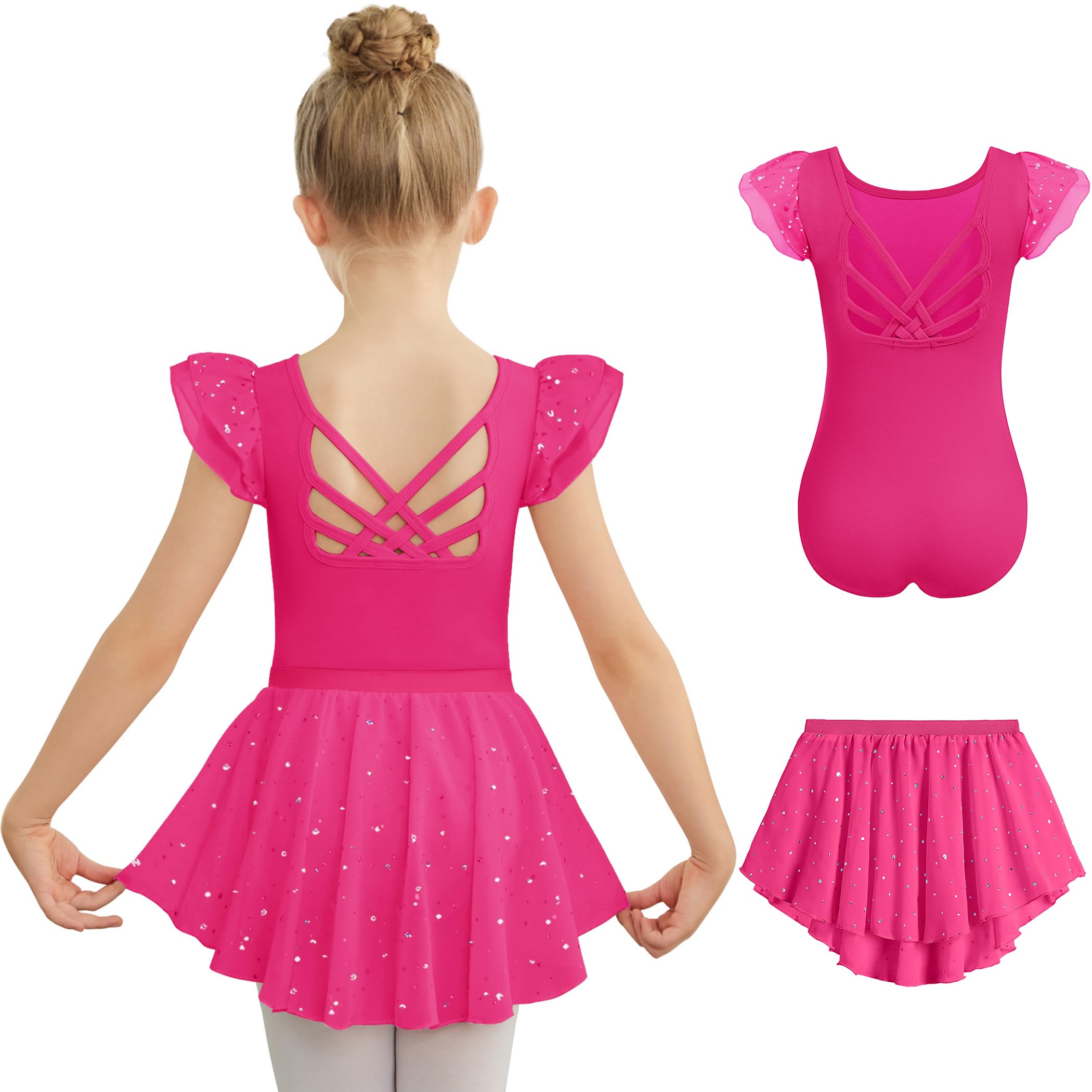 Zaclotre Ballet Leotards for Girls Toddler Ruffle Sleeve Crisscross Back Dance Dress Outfit with Removable Skirt Combo