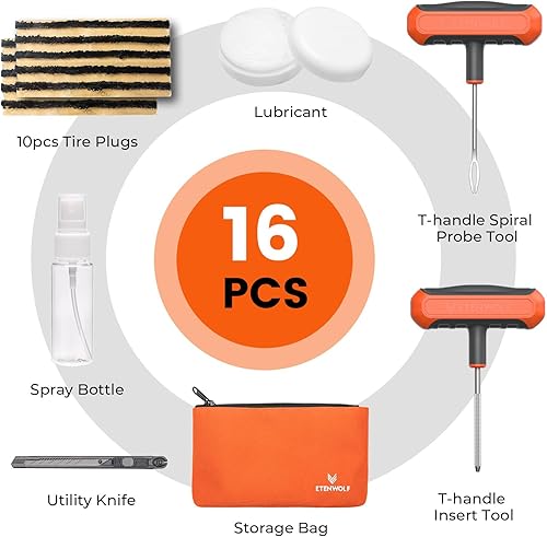 Miniatura 2 de ETENWOLF Kit de reparación de neumáticos planos con tapones, 16 piezas, kit de tapones de neumáticos resistentes para automóvil, motocicleta, ATV,