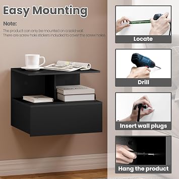WOLTU Floating Bedside Table with Drawer and Shelf, black Bedside Cabinet, Nightstand Organiser Wall-mounted, Wooden Bedroom Furniture, 40x35x31cm