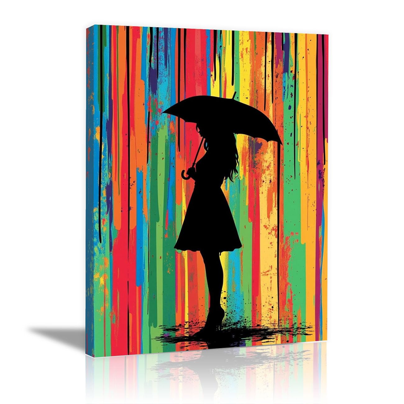 QUSAAOU Fashion Portrait Canvas Wall Art Woman Umbrella Against Colorful Rain Background For Living Room Bedroom African American Decor For Home Afro Woman Poster And Prints -70x100cm Framed