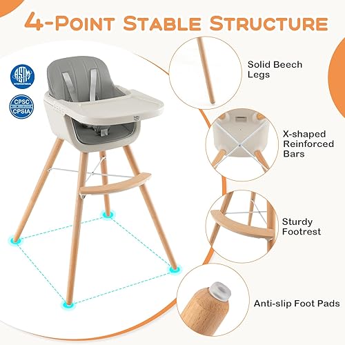 Miniatura 5 de BABY JOY Trona convertible para bebé, 3 en 1, silla alta/elevado/asiento de madera con bandeja extraíble, patas ajustables, arnés de 5 puntos, cojín