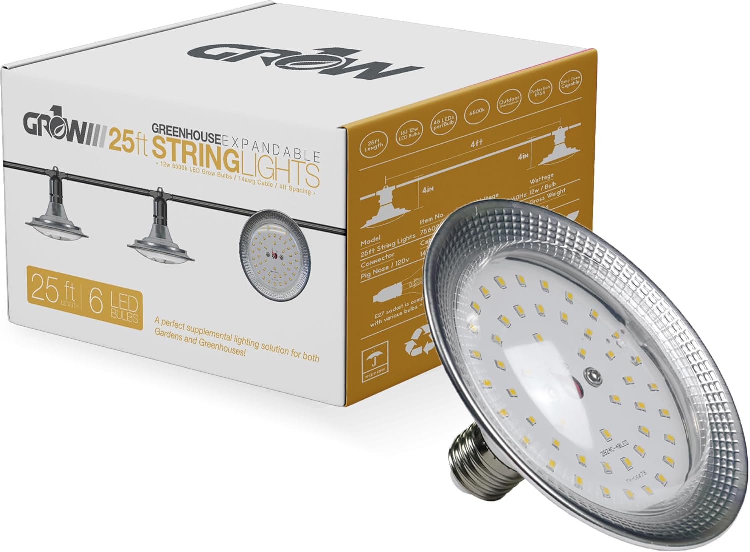 Greenhouse Lights for Plants 48 Feet (24 Bulbs) IP 64 Rating Outdoor Grow Lights for Plants Waterproof, 6500K Spectrum Bulbs for Greenhouse Light