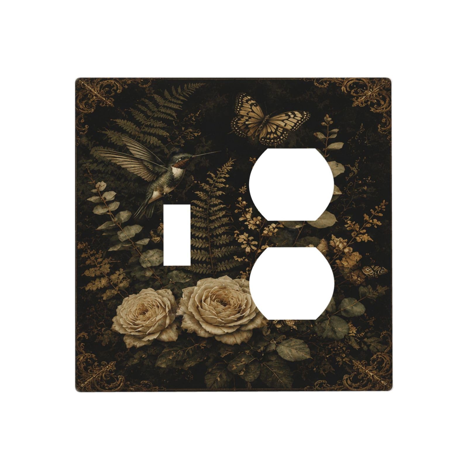 Xuejiaku Decorative Outlet Covers Vintage Botanical Hummingbird & Roses 2 Gang Combin 1 Toggle/1 Duplex Light Switch Cover Gfci Wall Plate Dark Academia Gothic Receptacle Switchplate for Bedroom Decor