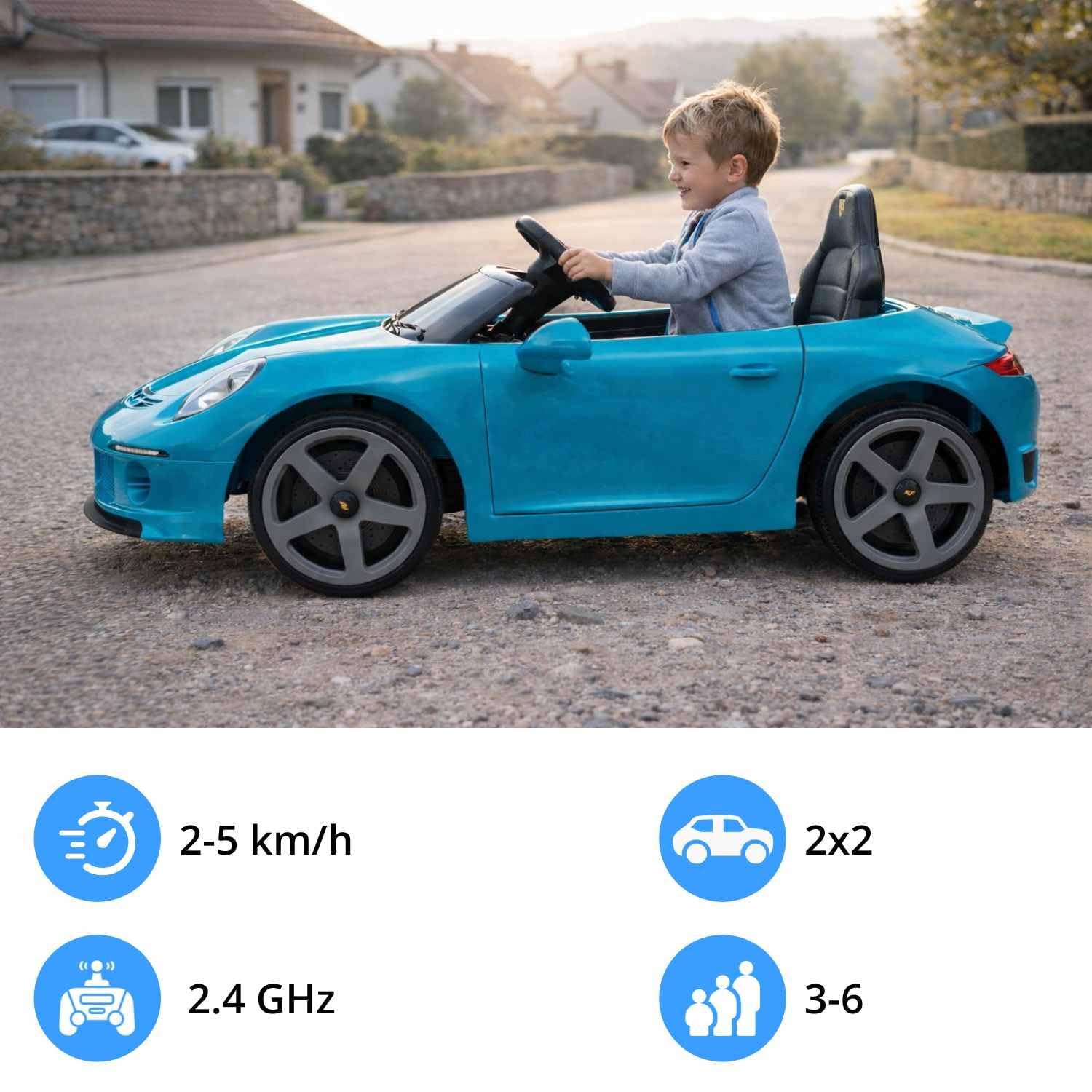 Samochód elektryczny RUF GT 12V, niebieski, otwierane drzwi, pilot 2,4 GHz, przednie i tylne reflektory LED, wejście USB/Aux, akumulator litowy, 2 silniki 35 W, oryginalna licencja