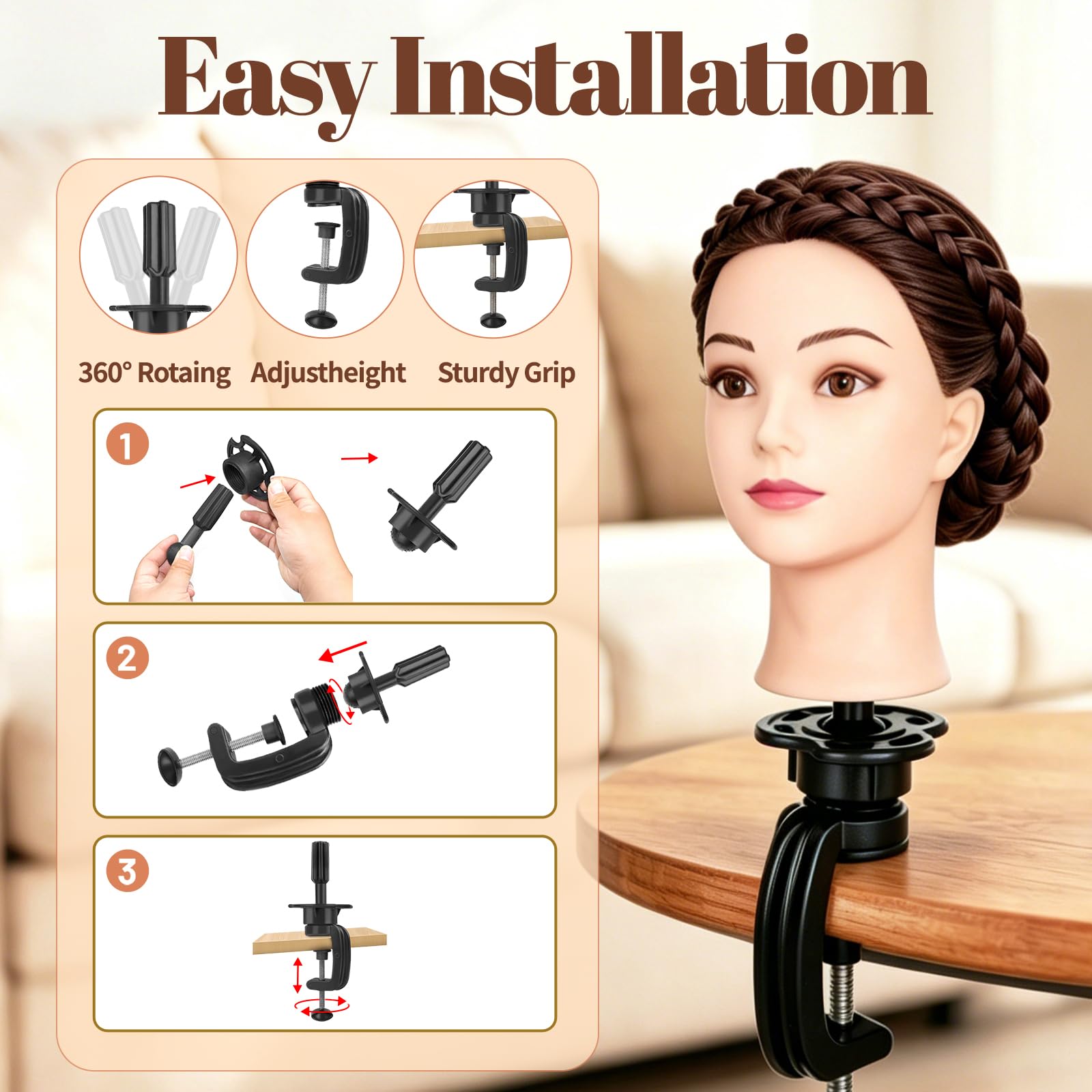 Yofuly 24Zoll 61cm Frisierkopf mit Ohrlöchern 80% Echthaar Übungskopf Friseur Mannequin Kopf mit Tischklemme DIY-Zopfset Braun