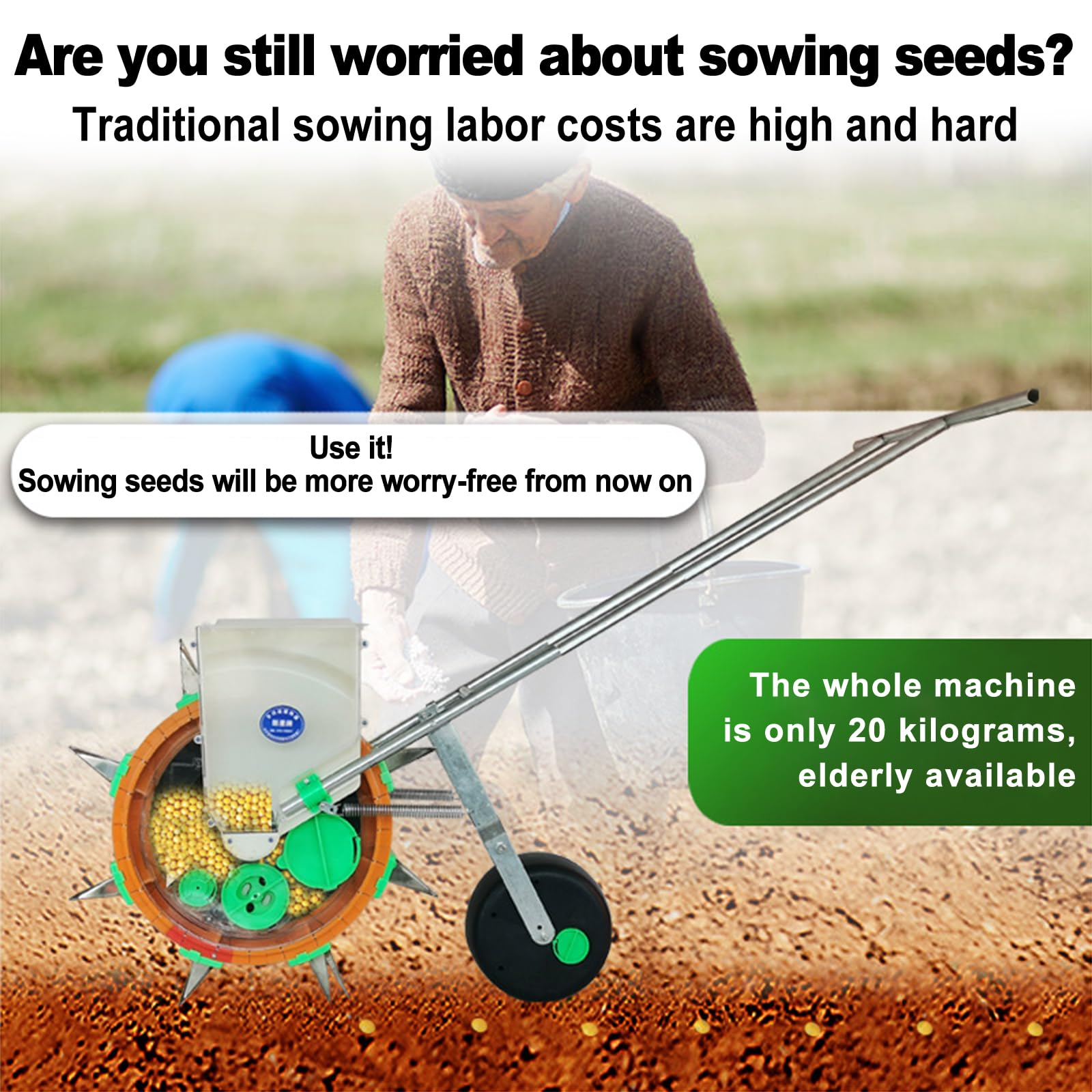 Spanditore per Semi Portatile Seminatrice Agricola Seminatrice A Rulli per Seminatrice da Giardino A Spinta Manuale E Applicatore di Fertilizzante per Arachidi Mais Soia