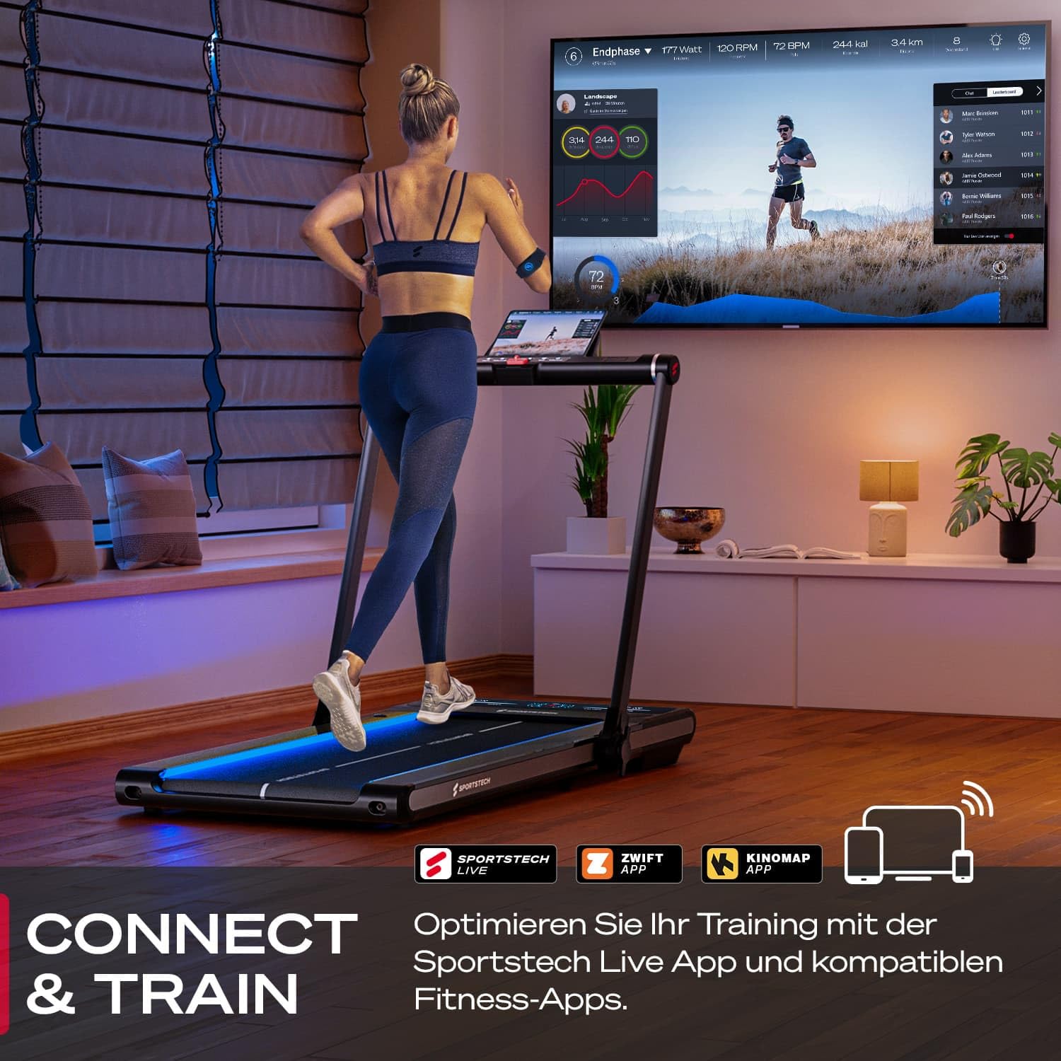Sportstech sWalk Plus 2in1 Walking Pad klappbar bis 12 km/h, Laufband für Zuhause klappbar, Walking Pad mit Steigung, LED, Bluetooth App, 3,5 PS Motor, bis 130 kg, Laufband für Zuhause