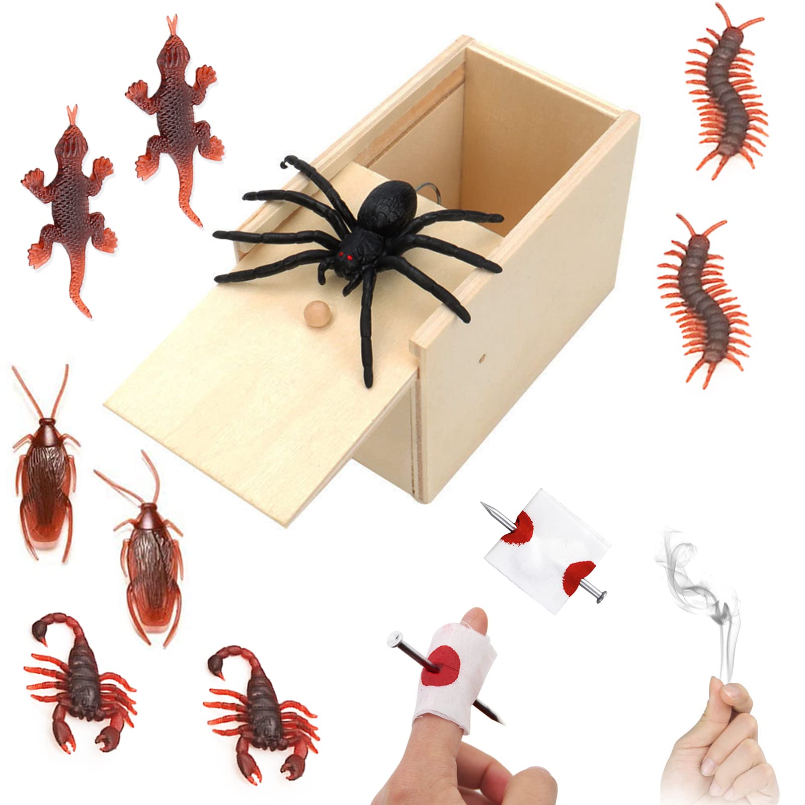 Prank Prop Prank Kit, Funny Prank Toys Scary Spider Prank Box/Realistic Rubber Roaches Gecko Scorpion Millipedes/Fake Nail Through Finger Trick, Halloween Party Decoration April Fools Day Props