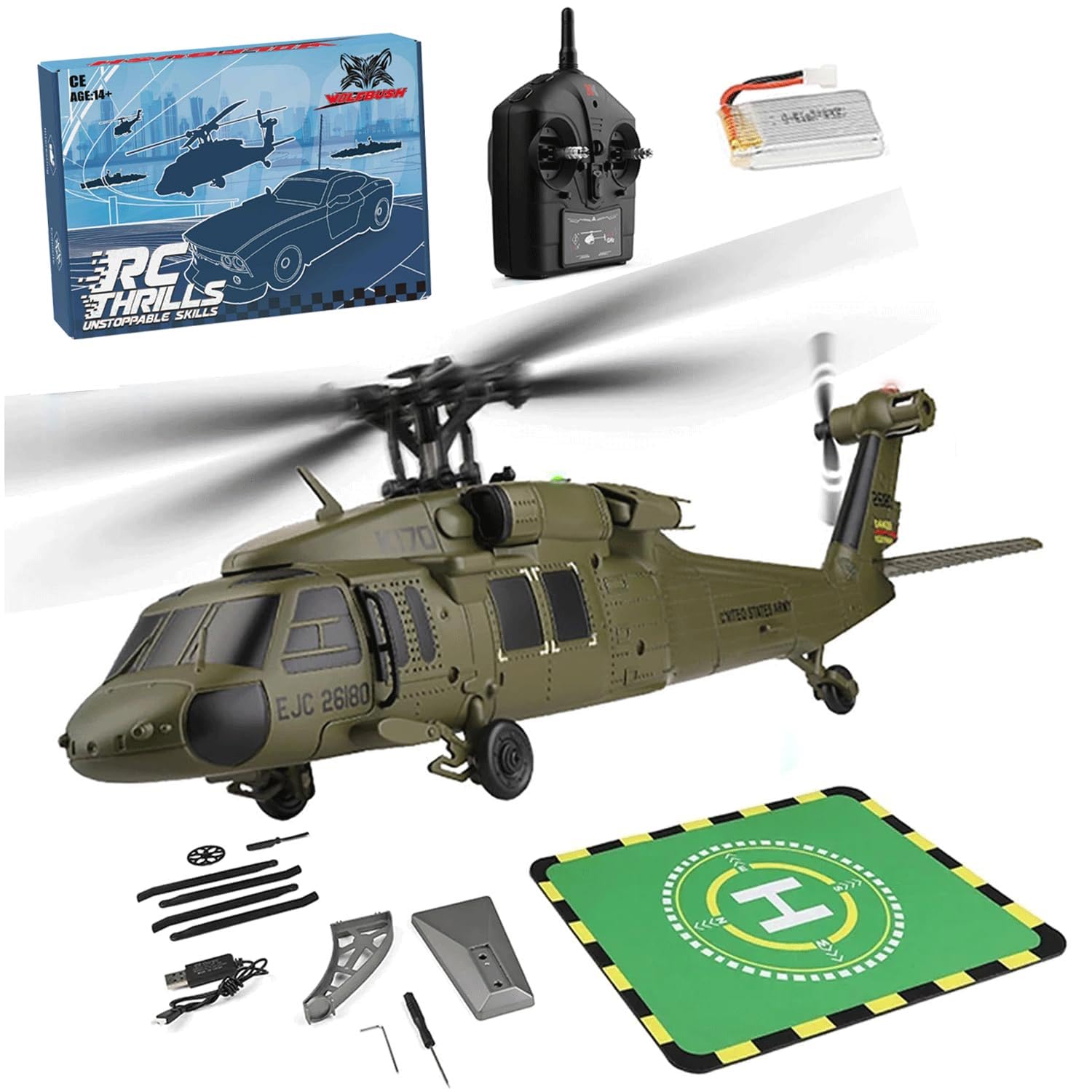 Śmigłowiec zdalnie sterowany dla początkujących, UH-60L K170 Flybarless RC Helikopter, regulowana przepustnica lewa i prawa, z jedną baterią (wersja RTF)