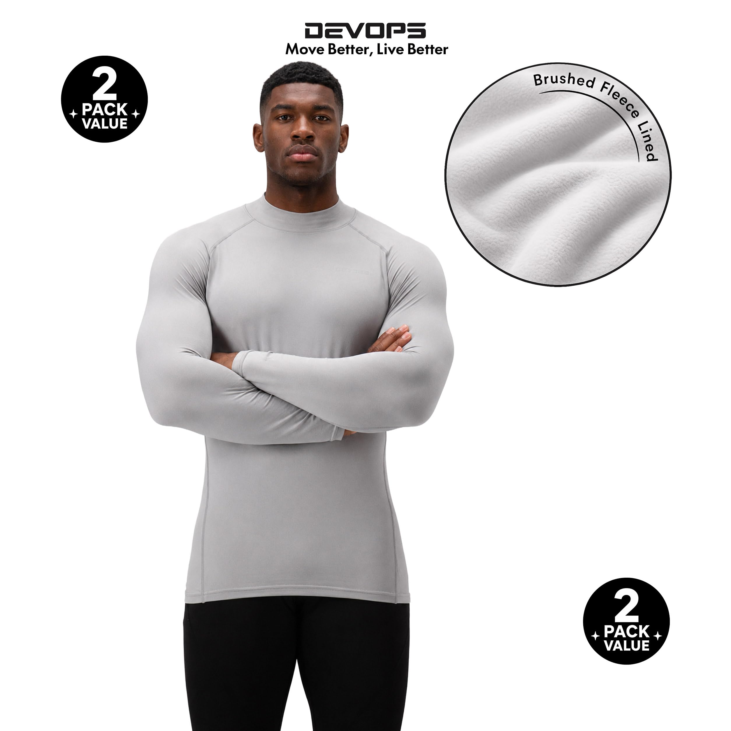 Devops Herren Devops 2 Pack Men's Thermal Mock Neck Long Sleeve Compression Shirts Fleece Lined Base Layer Tops Eng anliegend (2er Pack)
