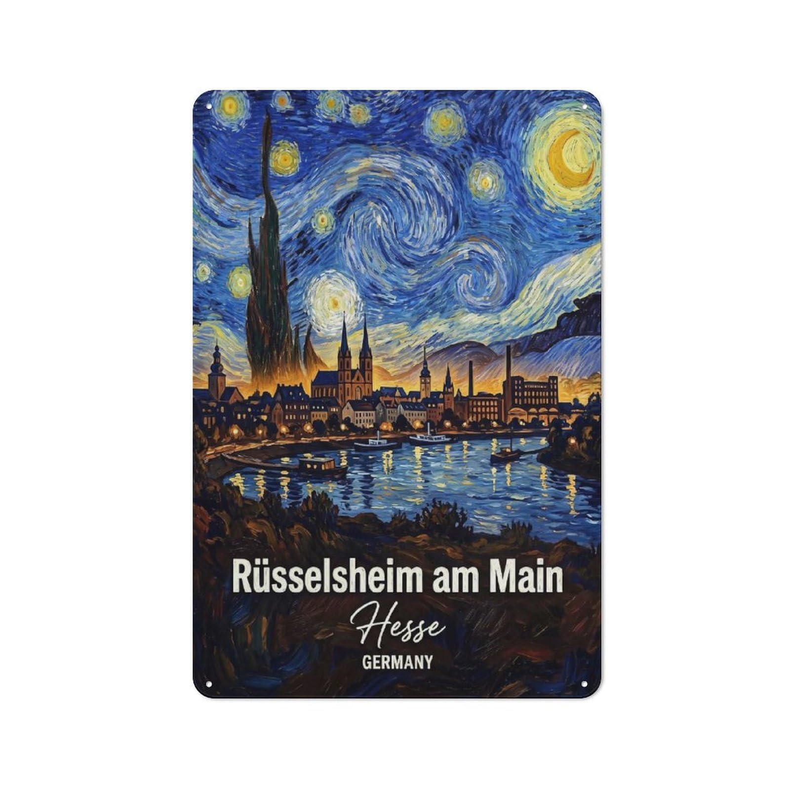 Junmoney Style-14 Vintage Tin Sign 30X20cm With Russelsheim Am Main Van Gogh Style For Garage Or Workshop, For Metal Sign Collectors, For Cafés, Pubs And Restaurants