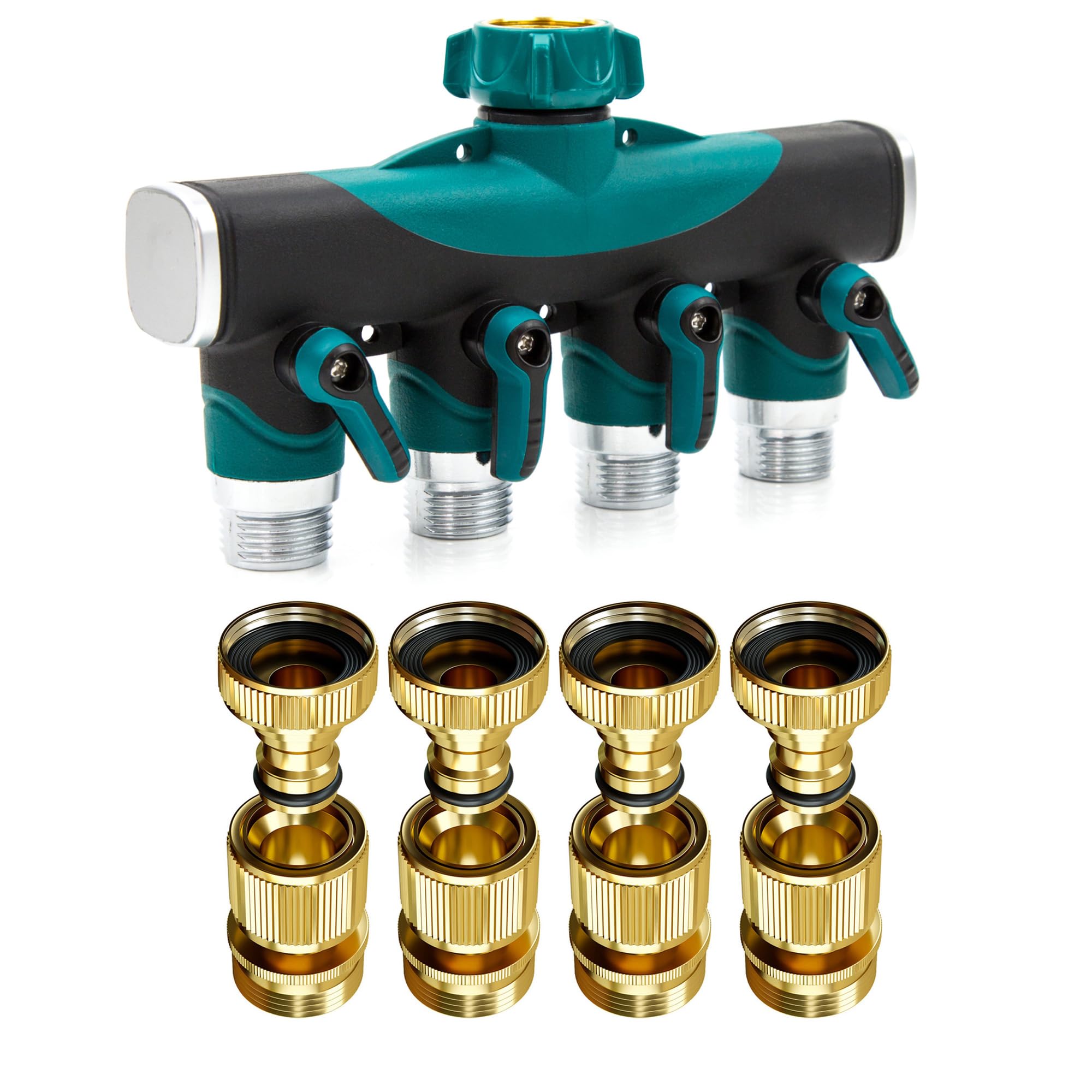 DBR TechHose Splitter 4 Way Green and Quick Connect ET 4Pack, Bundle