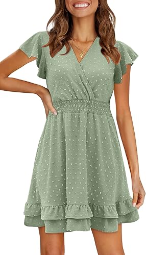 SAMPEEL Vestidos de verano para mujer, con cuello en V, manga con volantes, diseño de lunares suizos, vestido corto