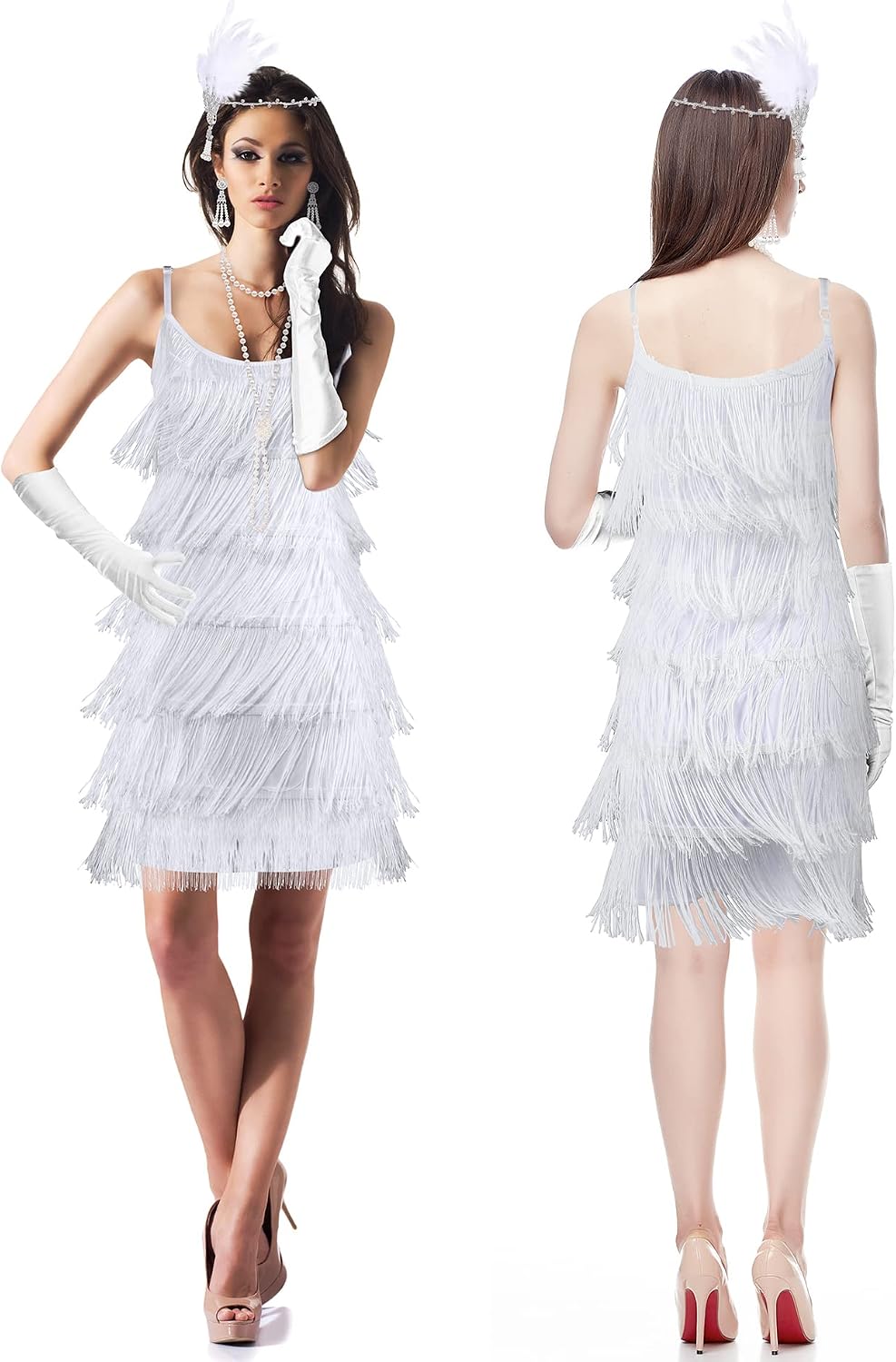 Zhanmai 6 Pcs Flapper Dress Flapper Costumes for Women 1920s Accessories Set Headband Pearl Necklace Earrings Gloves Stick