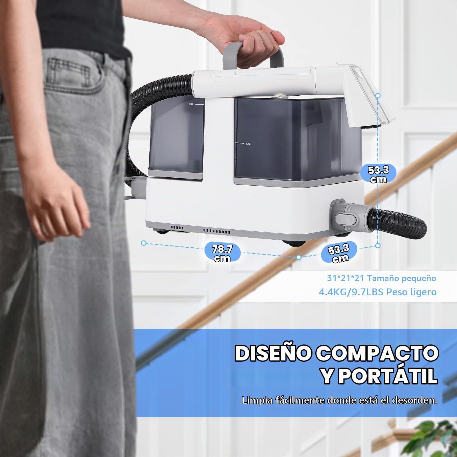 Moongiantgo Aspiradora de Agua Tapiceria con Vapor/Caliente/Fria, Limpiador de Tapicerias 1300W, 13kPa Succión, Tanque Desmontables 1.2L+1.4L, Limpia Tapicerias Sofa para Alfombras/Más/Auto (Blanco)