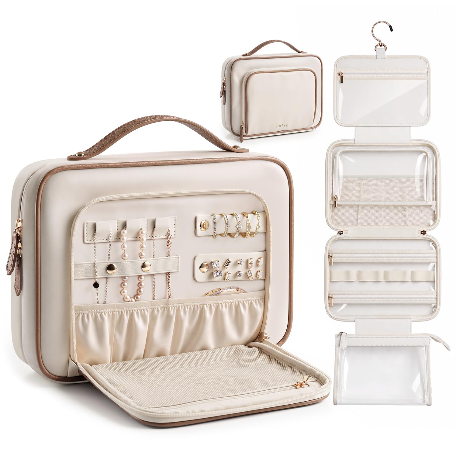 Prite Reise Kulturtasche Damen zum Aufhängen mit Schmuckfach, Beige, L | Kosmetiktasche,Kulturbeutel,Abnehmbare TSA-konforme Tasche,Zwei Größen,Faltbare,Veganes Leder,Wasserfeste TPU-Innenfutter