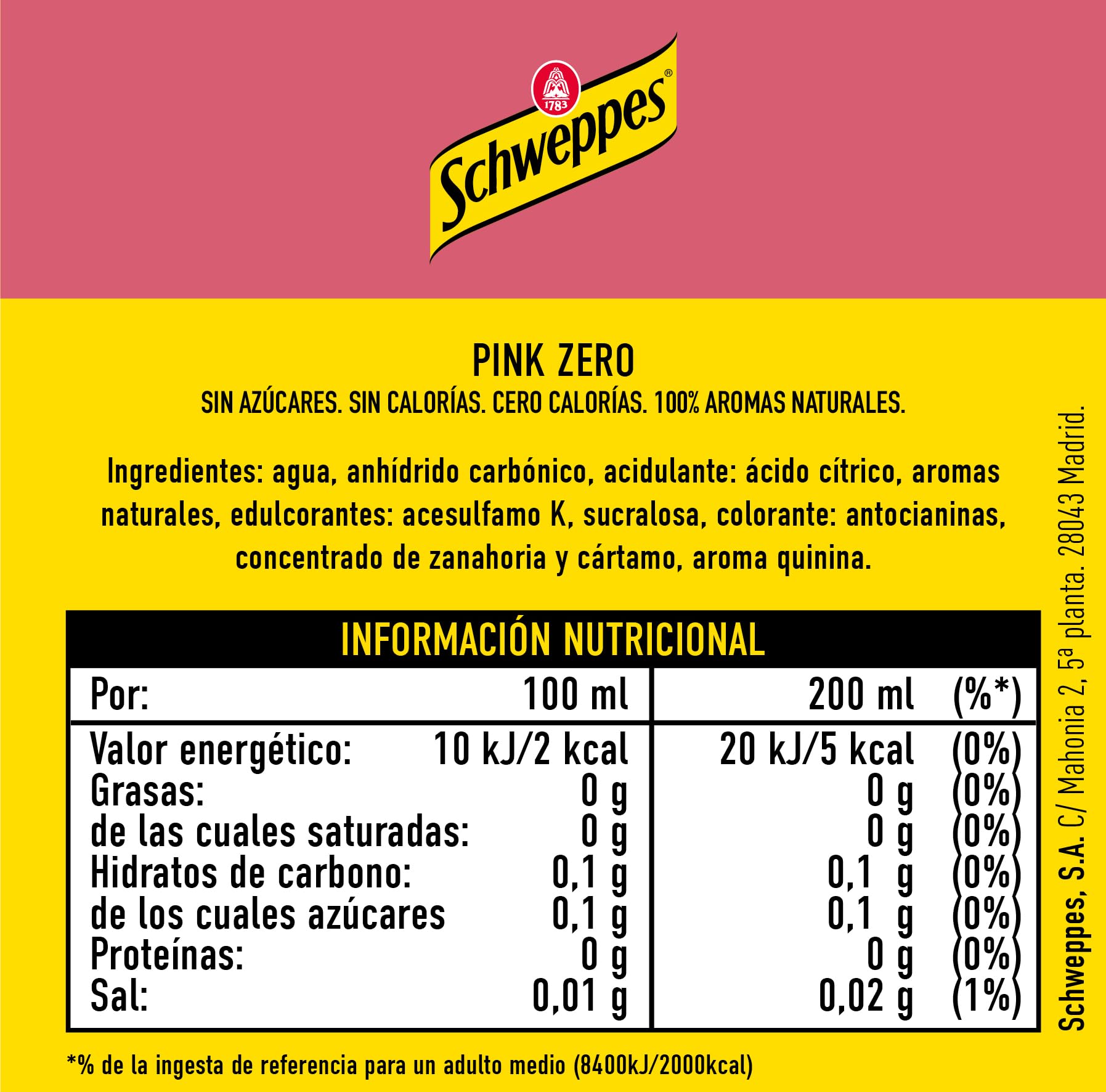 Schweppes Tónica Pink Zero, Sin Azúcar ni Calorías, Bebida Refrescante - Botella PET, Pack 12 x 1 L