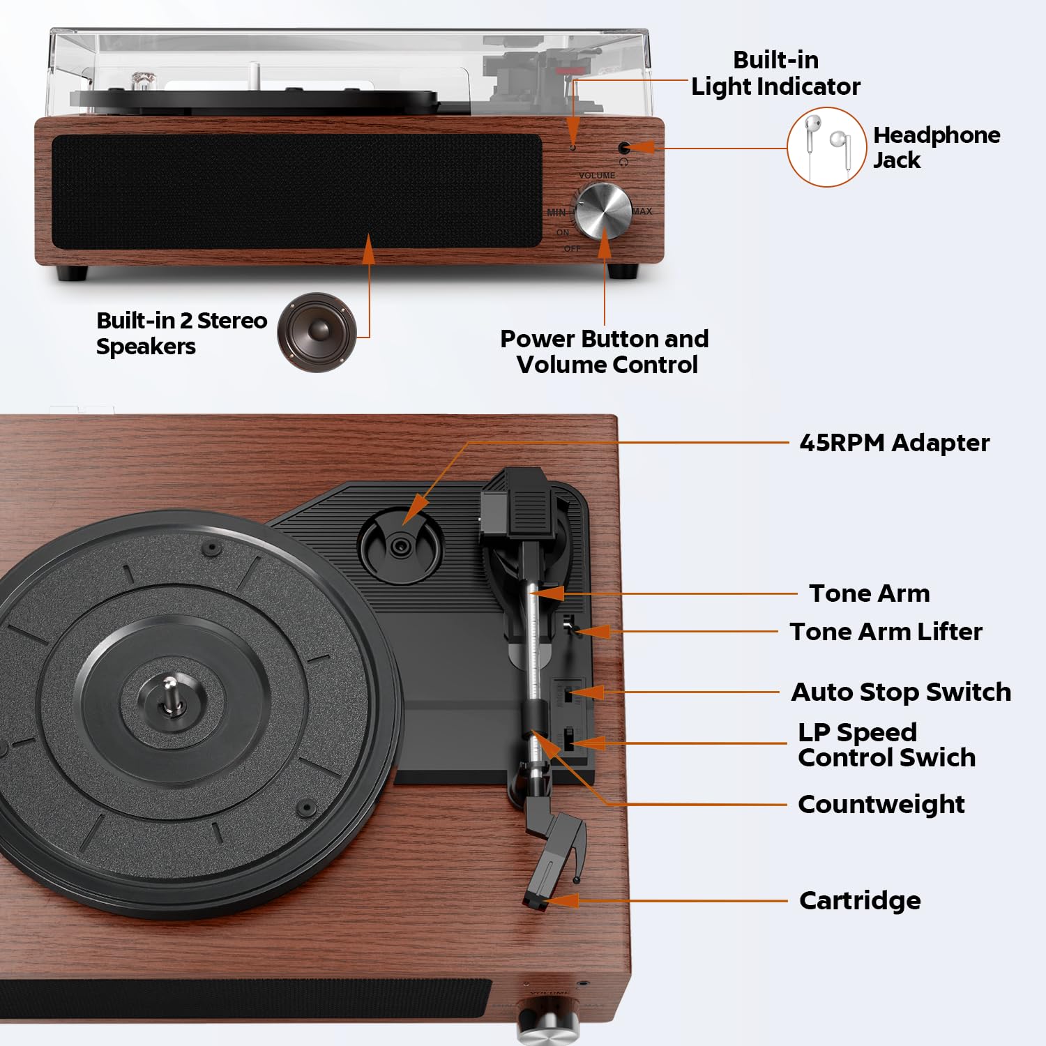 Plattenspieler, FYDEE Vinyl-Plattenspieler mit Eingebauten Stereo-Lautsprechern, 3 Geschwindigkeiten 33/45/78 RPM, Bluetooth-Schallplattenspieler, mit RCA-Ausgang und AUX-Eingang, Walnuss