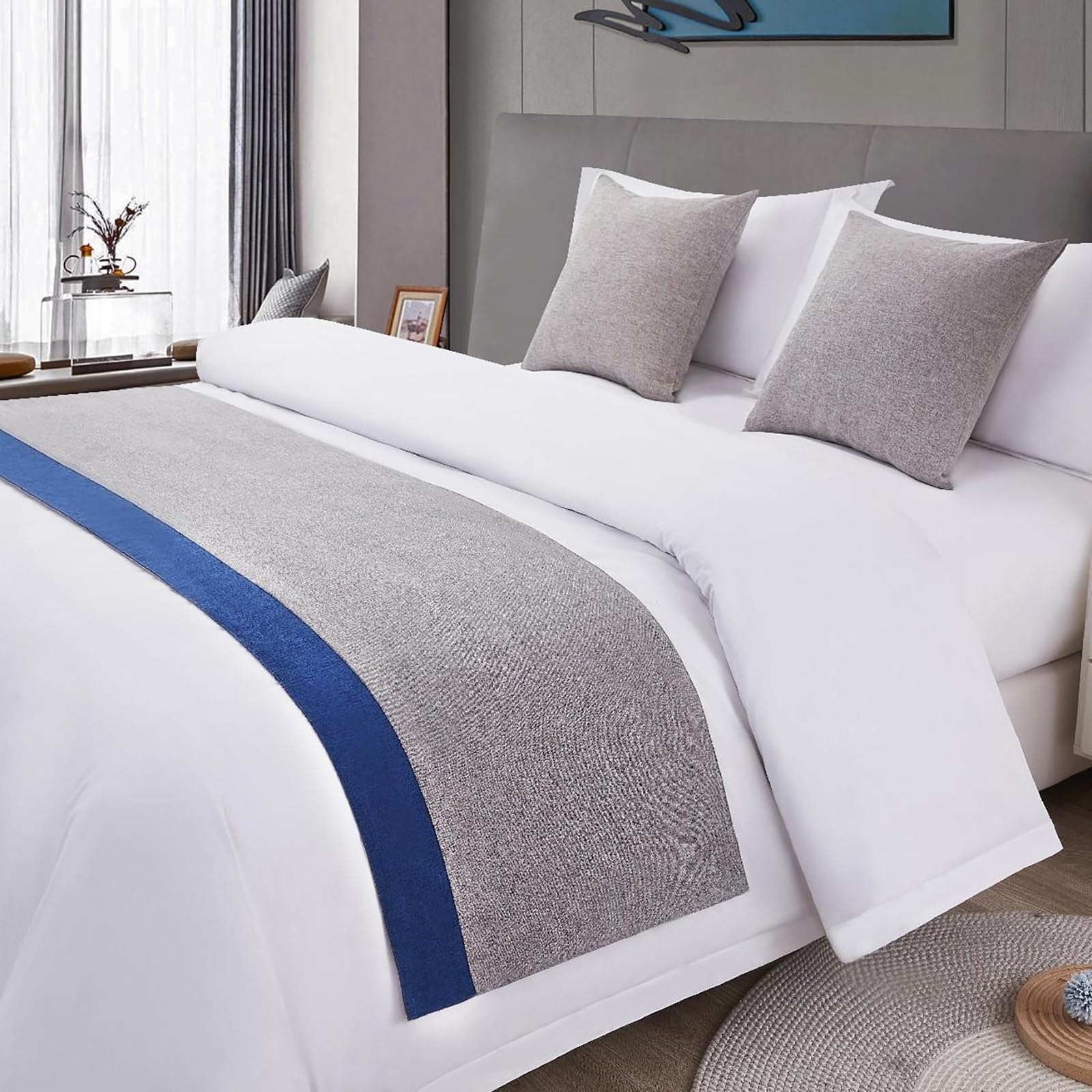 VNVFJKLO bed runner, Bed Runners And Matching Cushion Bicolor Splicing Bedspread Solid Scarves Home Decoration Hotel Bedding End Towel Bedroom Protection(J,50 * 240cm for 180cm Bed)