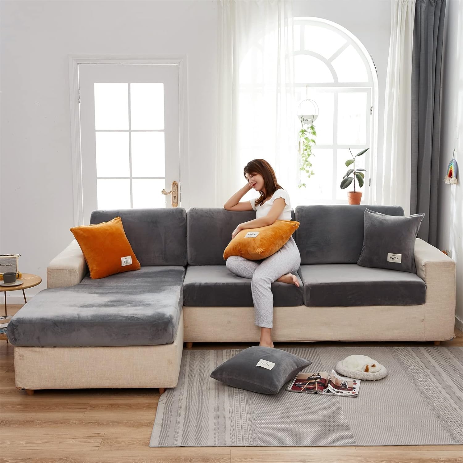 LiveGo 1 2 3 Seater Cushion Couch Cover for L-Shaped Sofa Chaise Longue,Velvet Cushion Slipcover Sofa Cover for Individual Cushion Furniture Protector with Elastic Bottom