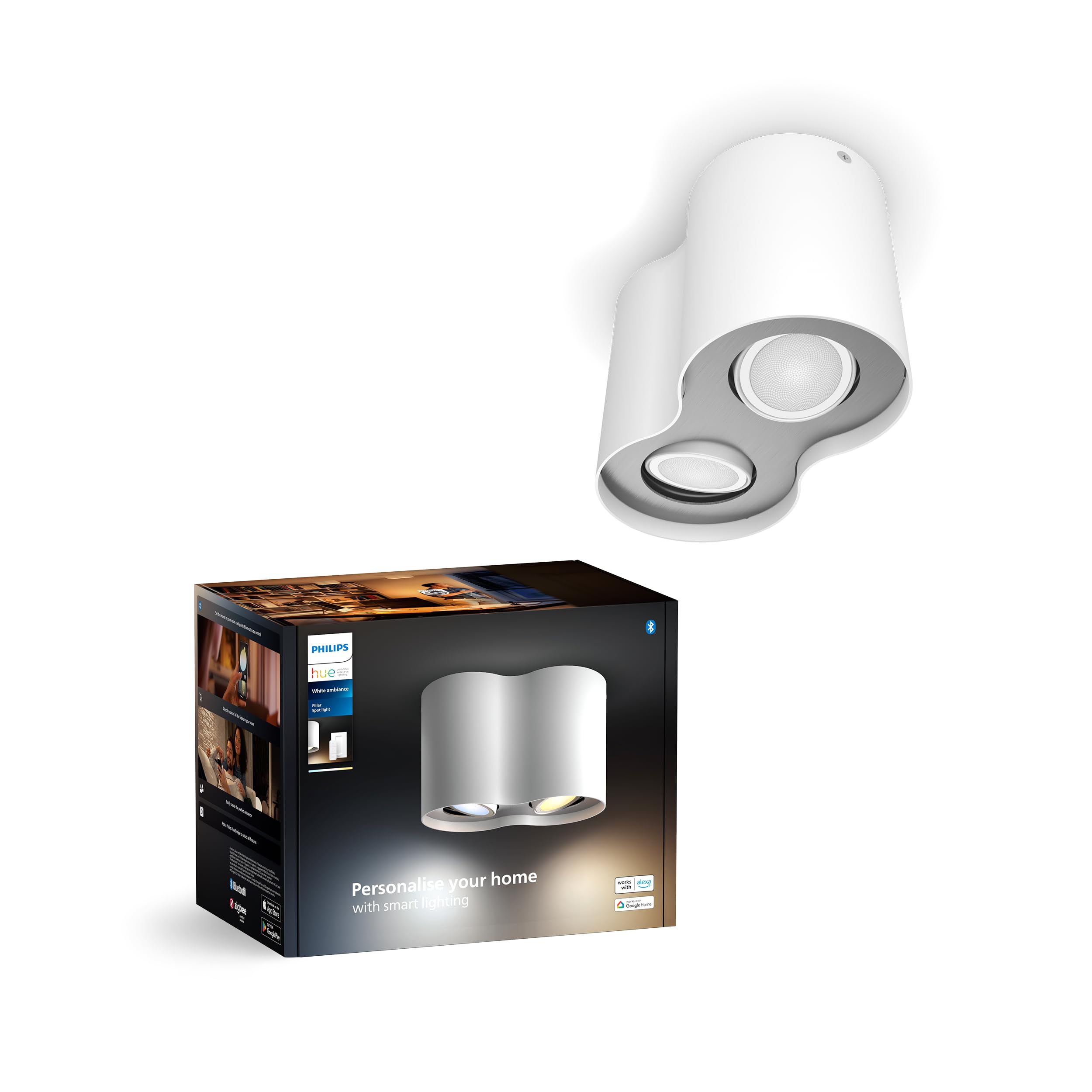 Philis Hue Pillar Foco LED Inteligente Doble, Luz Blanca de Cálida a Fría, Regulable, GU10, 4.2W, Color Blanco, Compatible con Alexa y Google Home