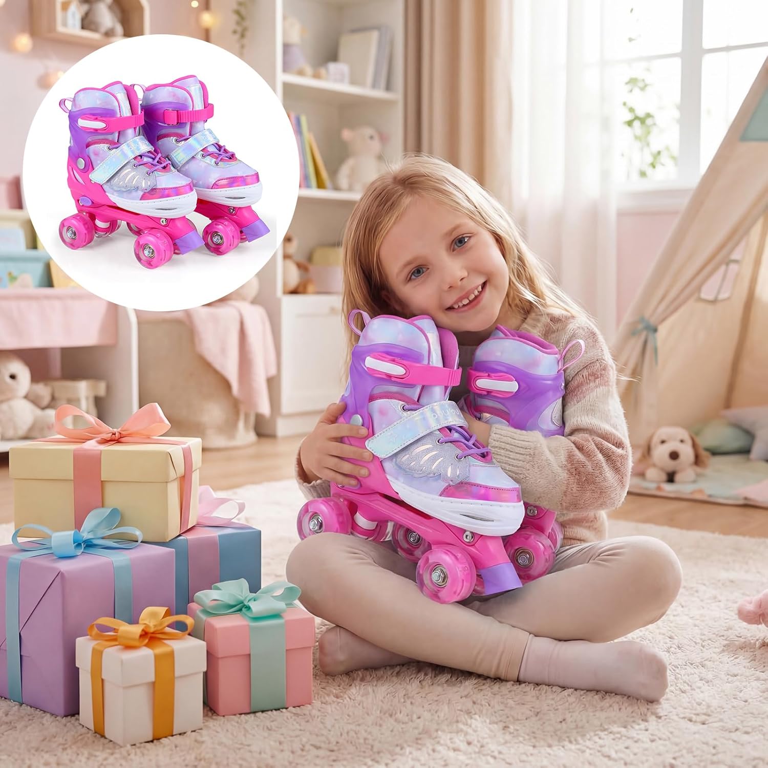 BABY JOY Roller Skates, 4-Size Adjustable Quad Skates for Girls Teens 9-14 w/Light-up Wheels & Safety Protection, Fun Illuminating Gifts for Indoor Outdoor Sports