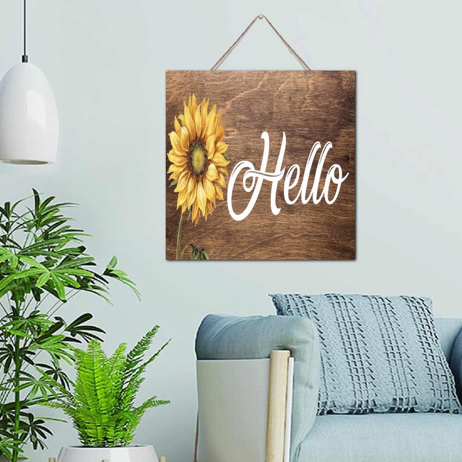 Panneau en bois personnalisé Hello de 30,5x30,5 cm avec citation et motif de tournesol