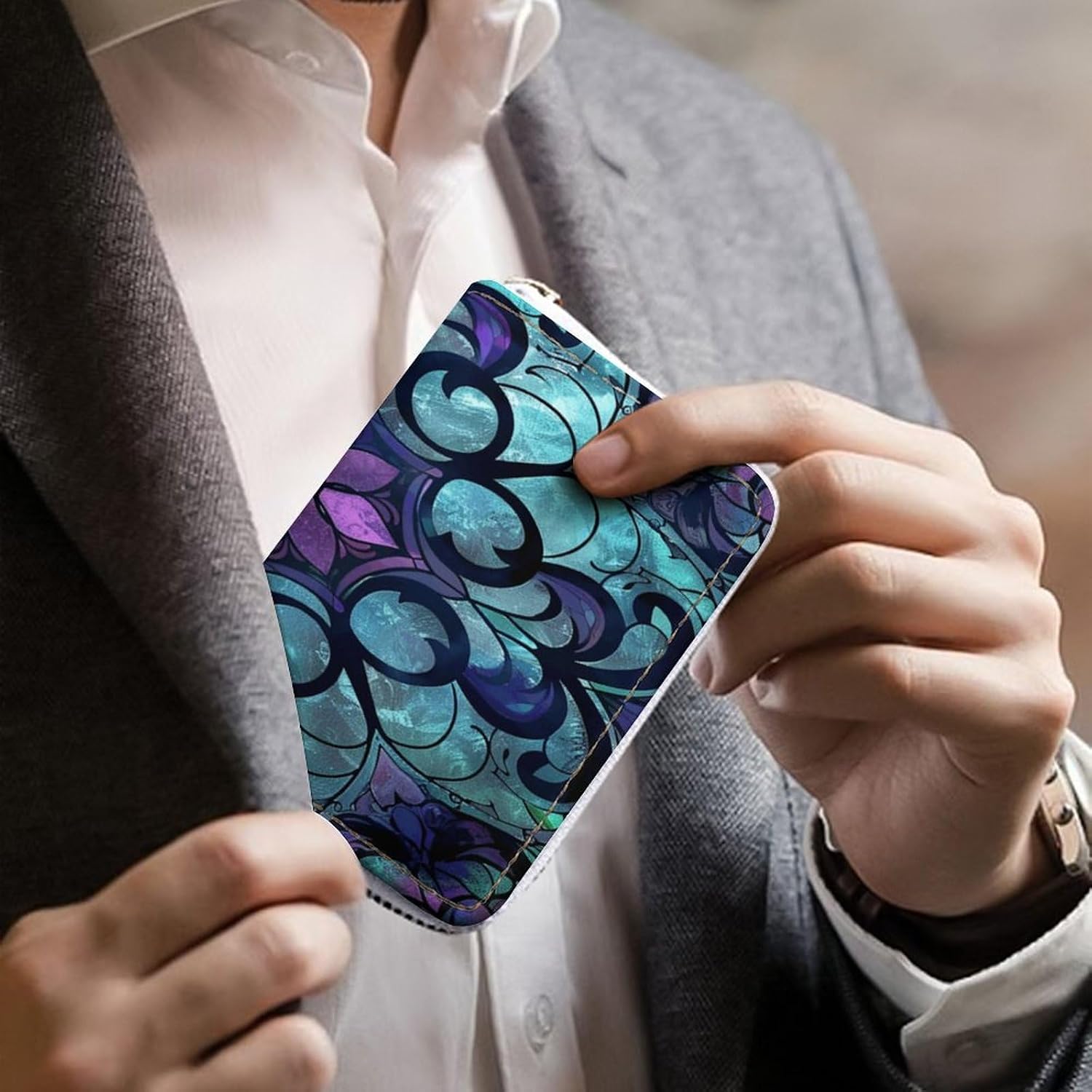 Leather Card Organizer Case Card Wallet Credit Card Holder Stained Glass Pattern Printed Zipper Card Cases Holder for Women Men