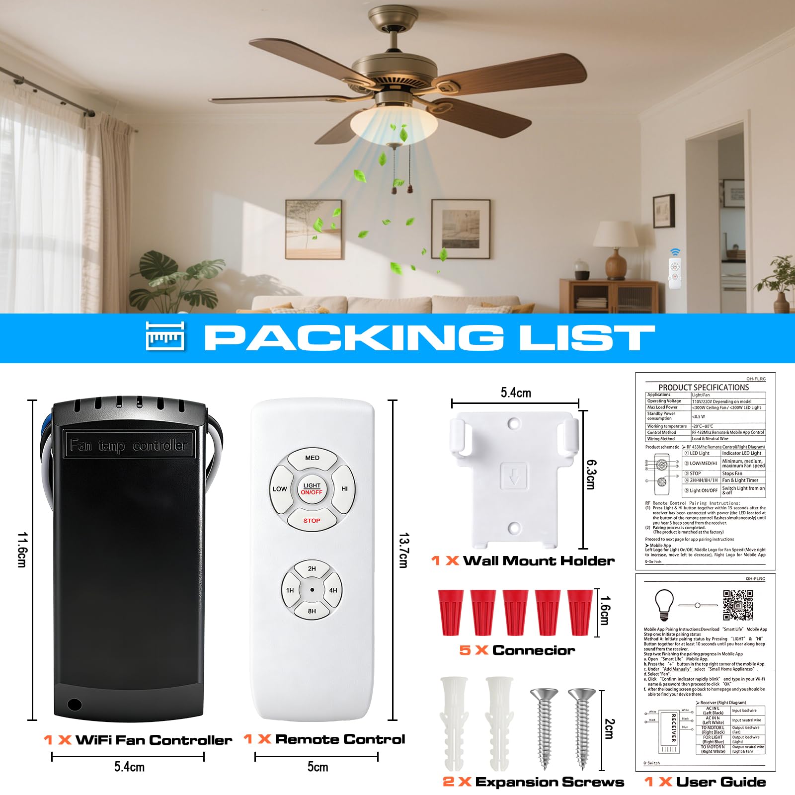 Kit telecomando universale WiFi per ventilatore da soffitto con funzione muto, timer e controller Smart Life APP compatibile con Alexa