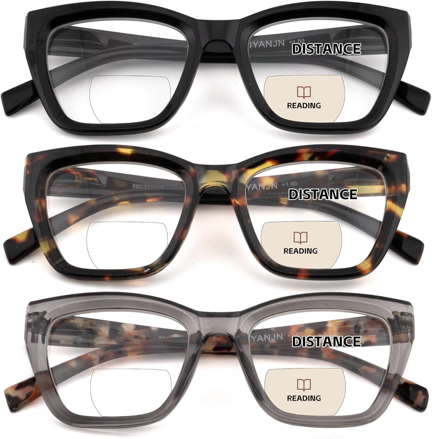 HIYANJN Bifocal Reading Glasses For Women Men 3 Pack Fashion Cat Eye Computer Readers Clear Top Oversized Eyeglasses Bifocal-mixed Color 2.0 x