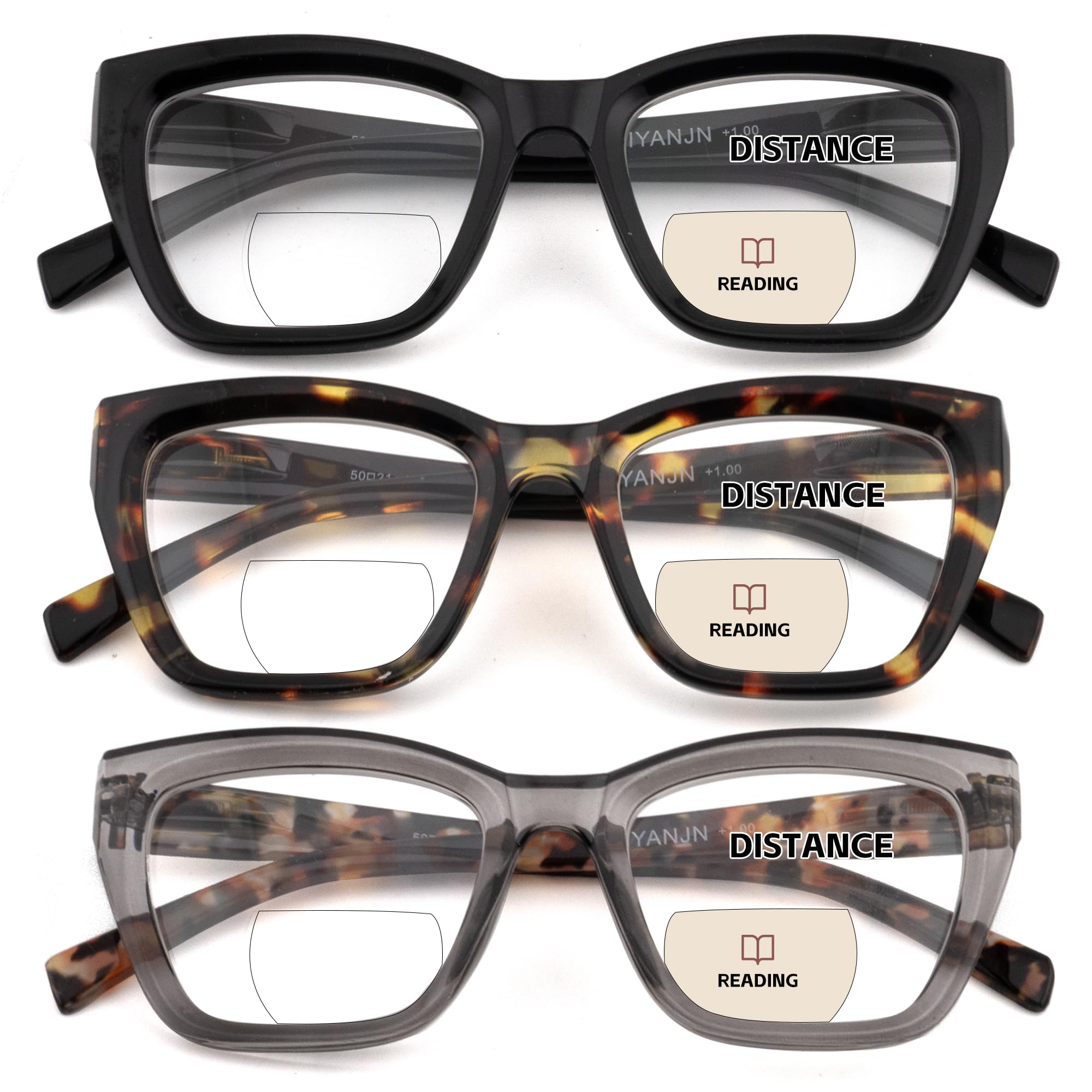 HIYANJN Bifocal Reading Glasses For Women Men 3 Pack Fashion Cat Eye Computer Readers Clear Top Oversized Eyeglasses