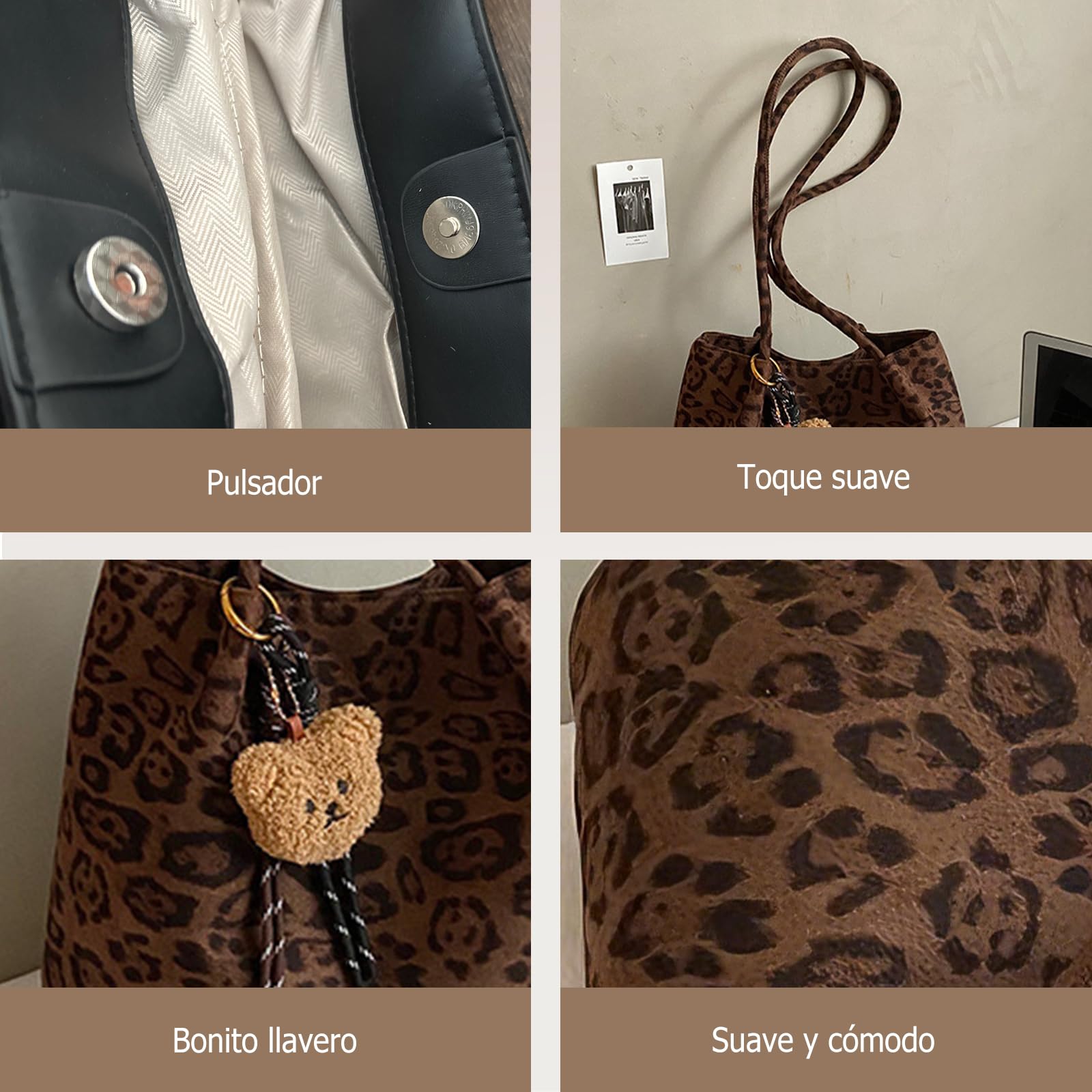 CORIOS Bolso de Hombro con Moda Estampado de Leopardo para Mujer Bolso de Mano con Adorable Colgante de Oso Gran Bolsa Shopper Tote de Ante para Trabajo Viajes Compras Estampado de Leopardo Café