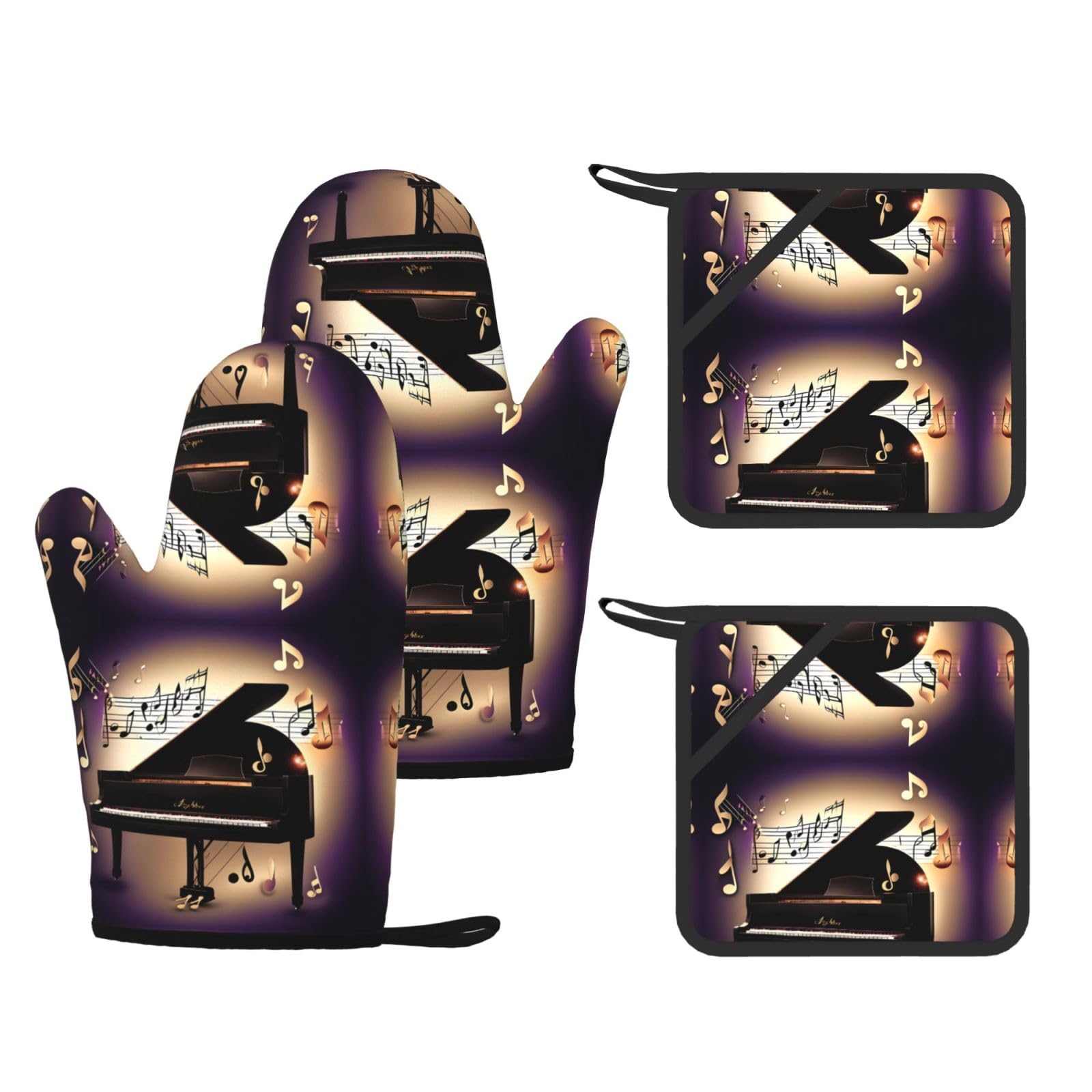 Music Note Piano Printed Kitchen Set with Heat Resistant Oven Gloves & Non-Slip Pot Holders for Daily Cooking